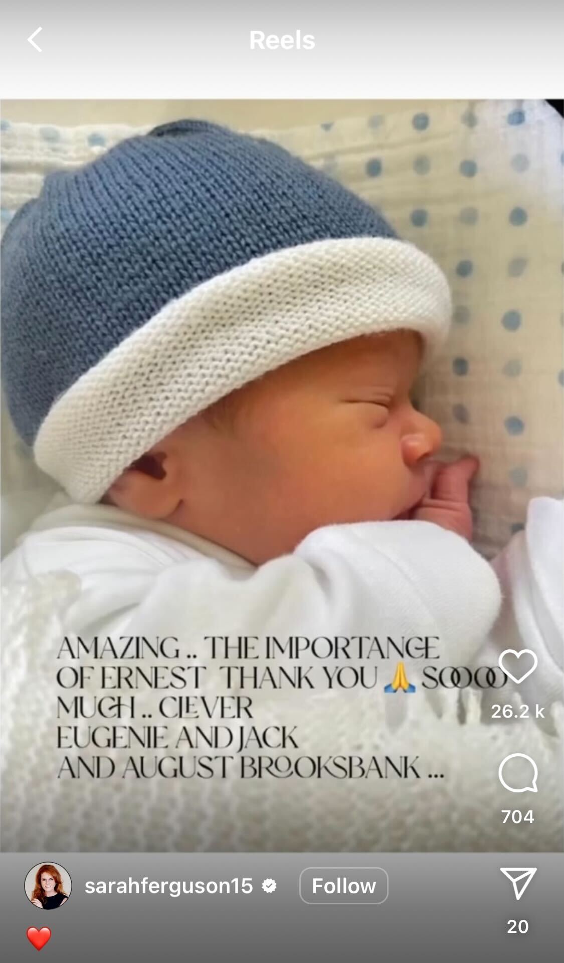 Sarah Ferguson’s Instagram Story post celebrating the birth of her new grandson Ernest