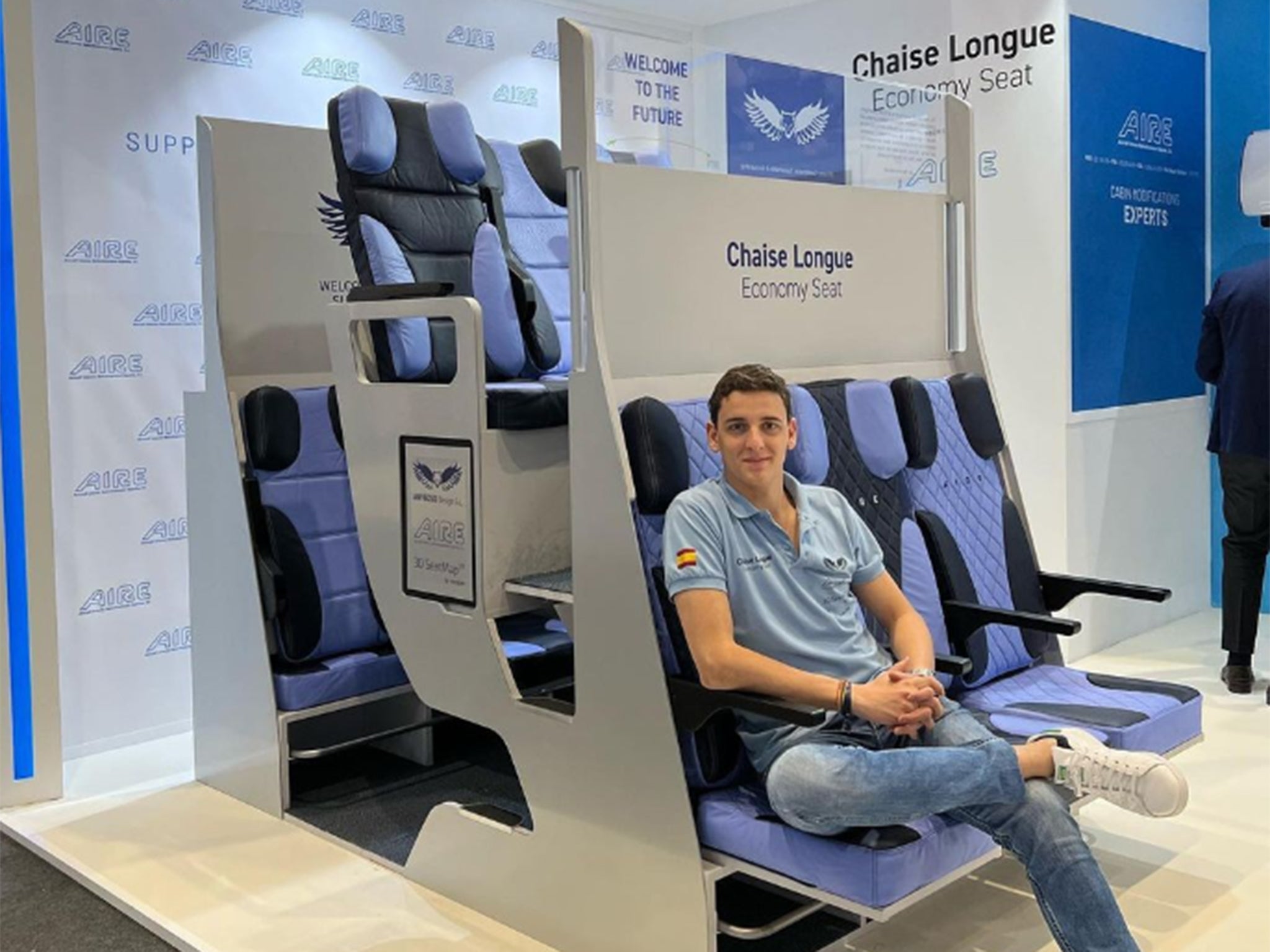 Alejandro Nuñez Vicente presents the economy version of his double-decker airplane seat design