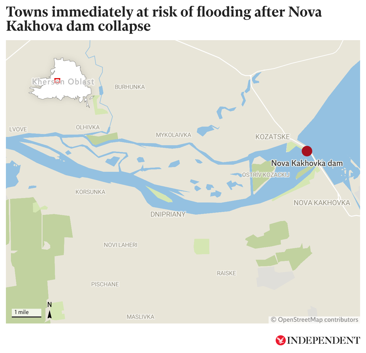 The towns in most immediate danger as a result of the Nova Kakhovka dam spill