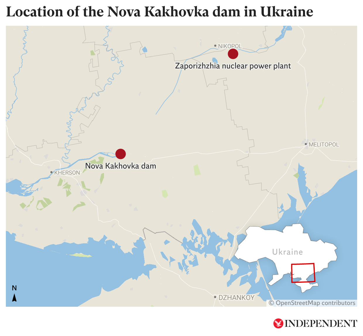 The locations of the Nova Kakhovka dam and Zaporizhzhia nuclear plant