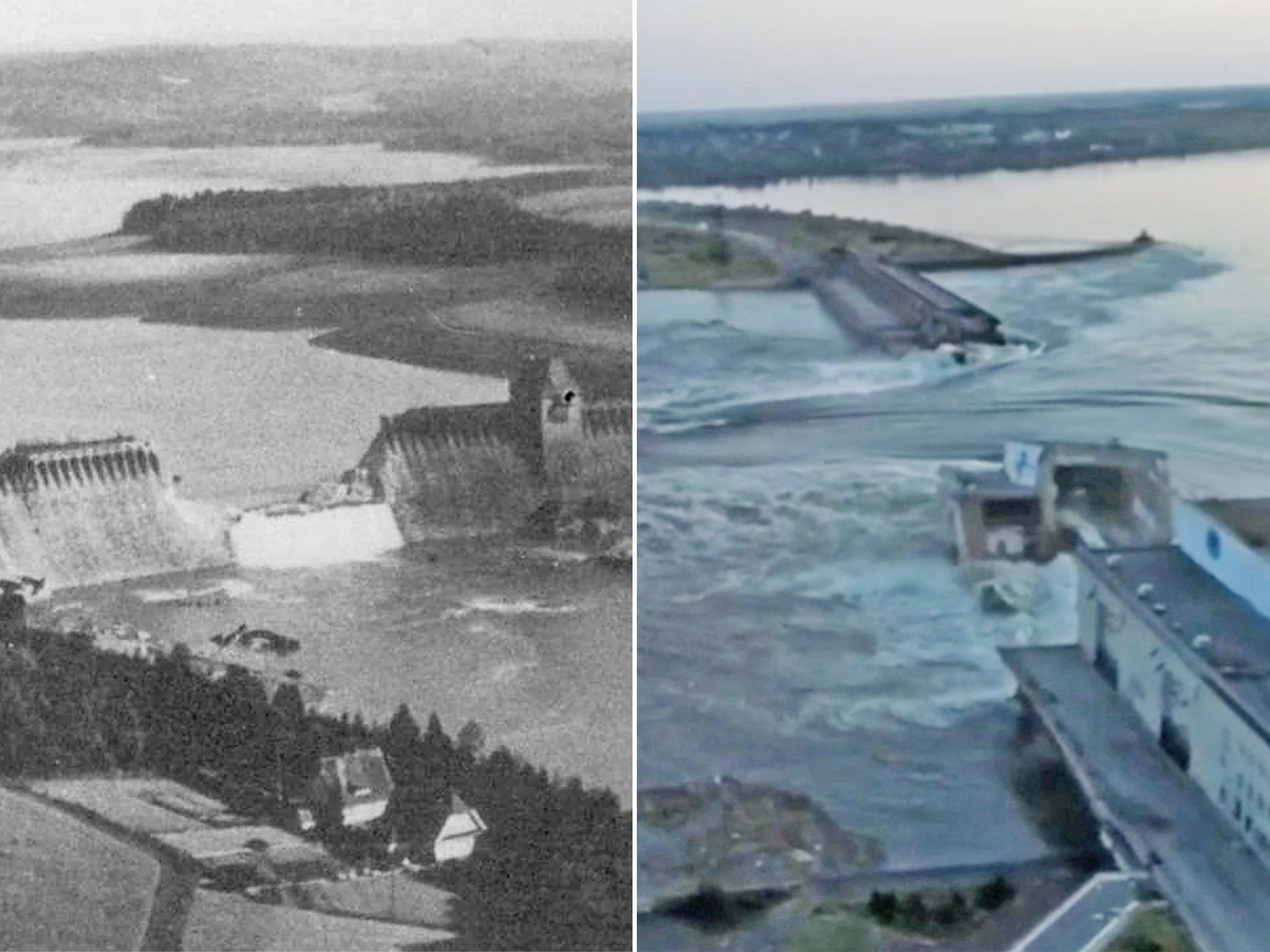 Left: The breached Mohne Dam after the Dambusters raid on 17 May, 1943. Right: Kakhovka Dam, Ukraine, following this week’s attack