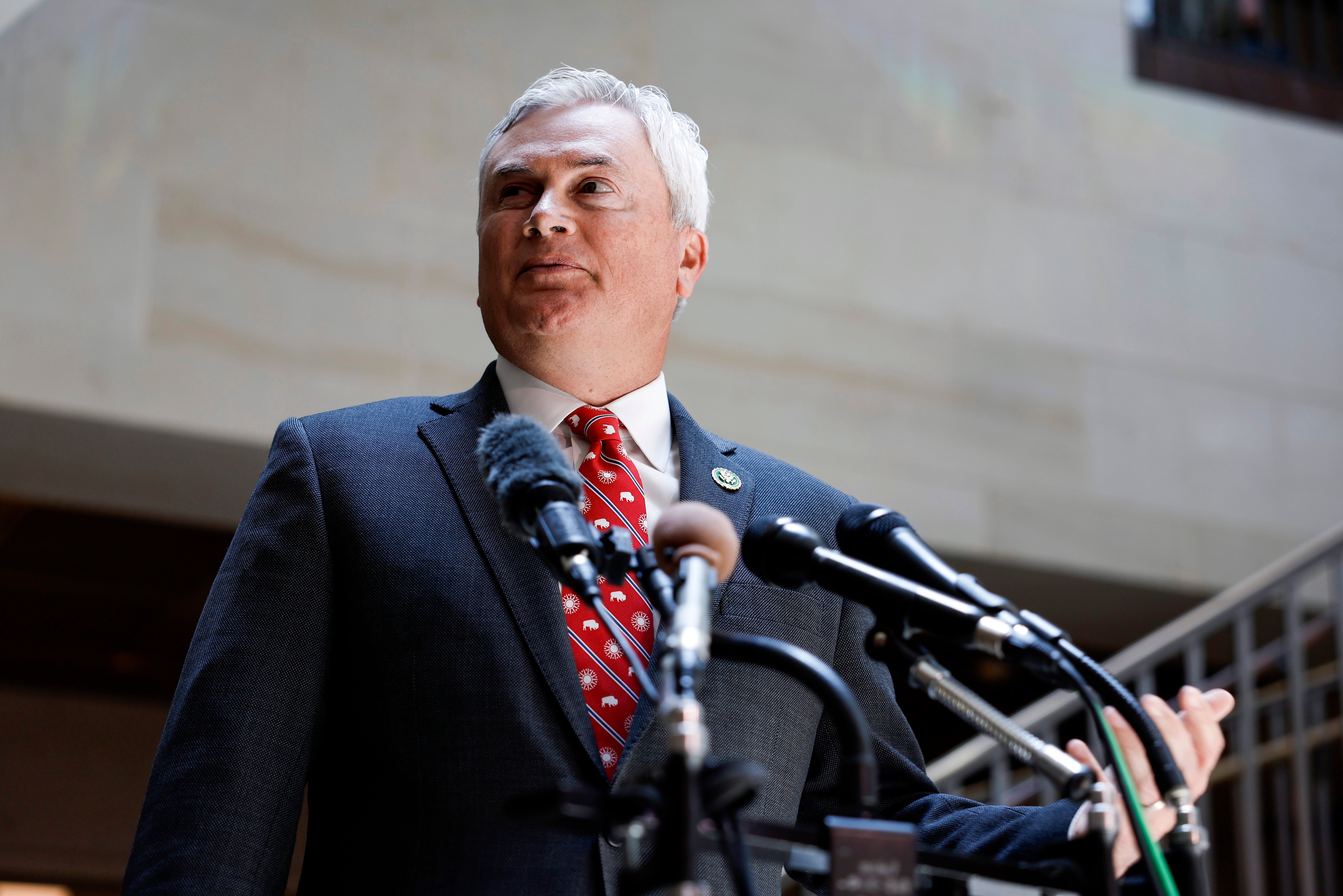 House Oversight and Accountability Committee Chairman James Comer (R-KY) speaks to reporters after attending an FBI briefing in the House Sensitive Compartmented Information Facility (SCIF)