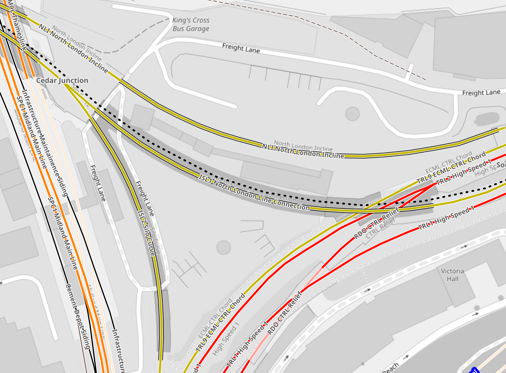 Rail junctions built outside St Pancras station to connect the Channel Tunnel rail link to the north of London Eurostar routes. They are now virtually never used by passenger services