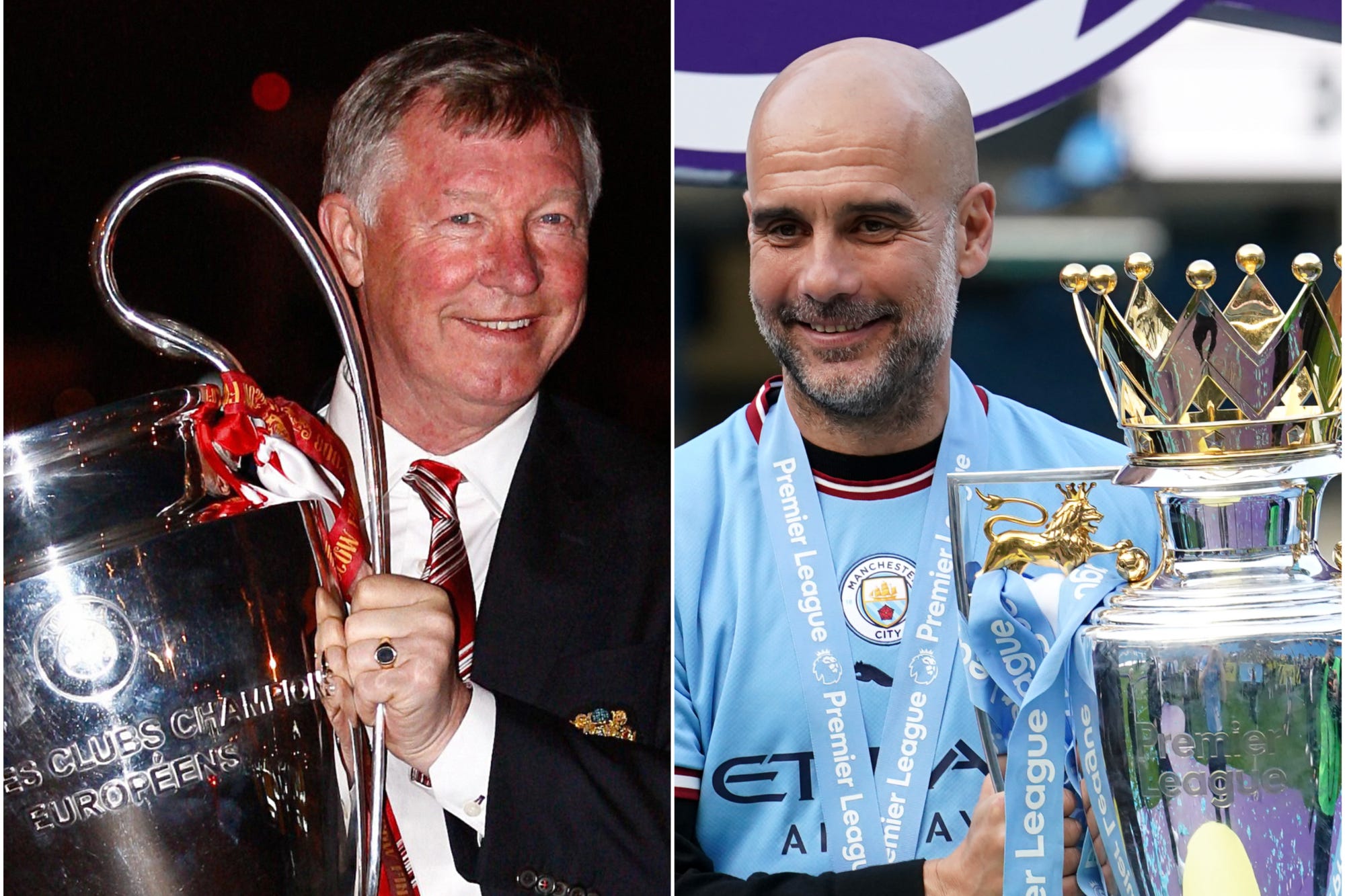 Can Pep Guardiola (right) and Manchester City emulate Sir Alex Ferguson’s Manchester United side? (Dave Thompson/Martin Rickett/PA)