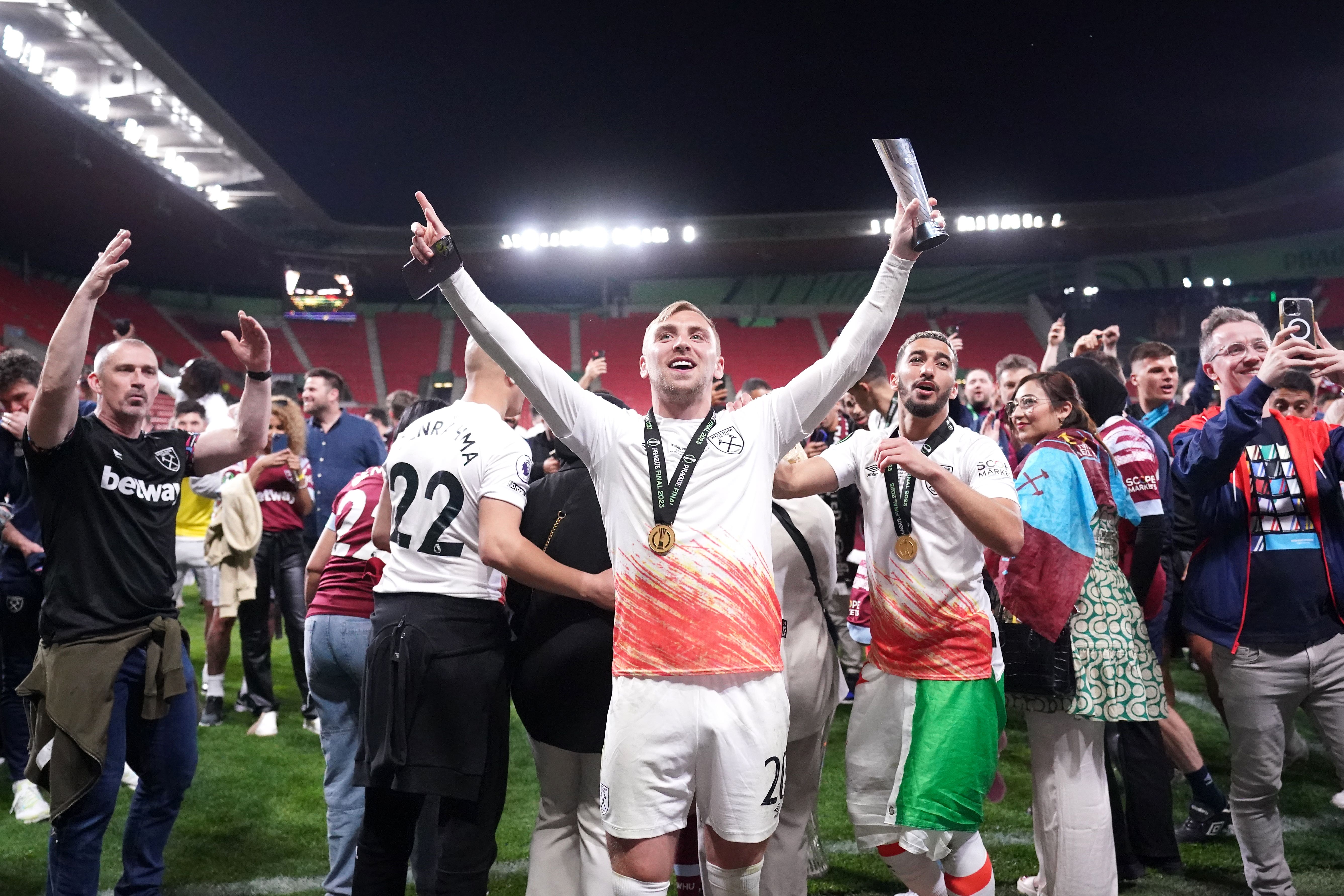 Jarrod Bowen celebrates Europa Conference League success after scoring West Ham’s late winner against Fiorentina (Tim Goode/PA).