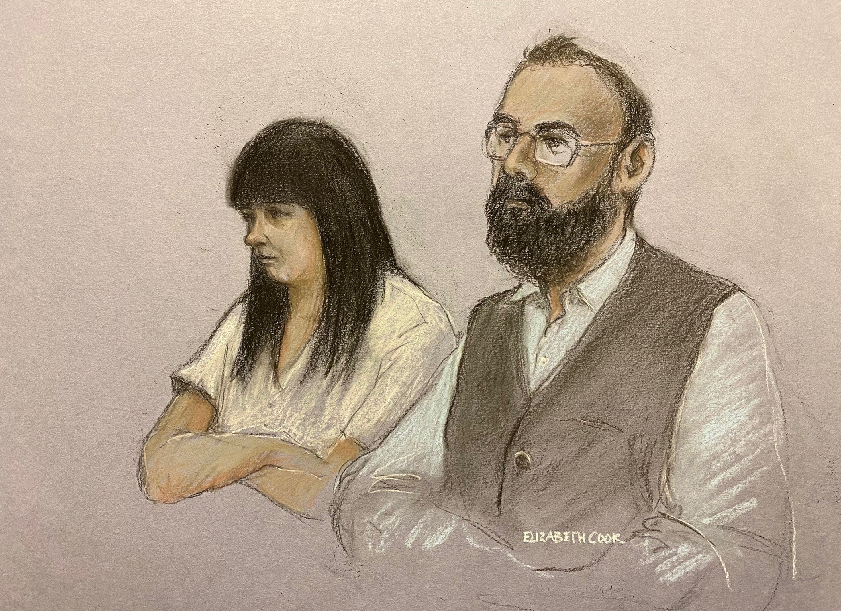 Court artist sketch of Gemma Barton and Craig Crouch appearing at Derby Crown Court