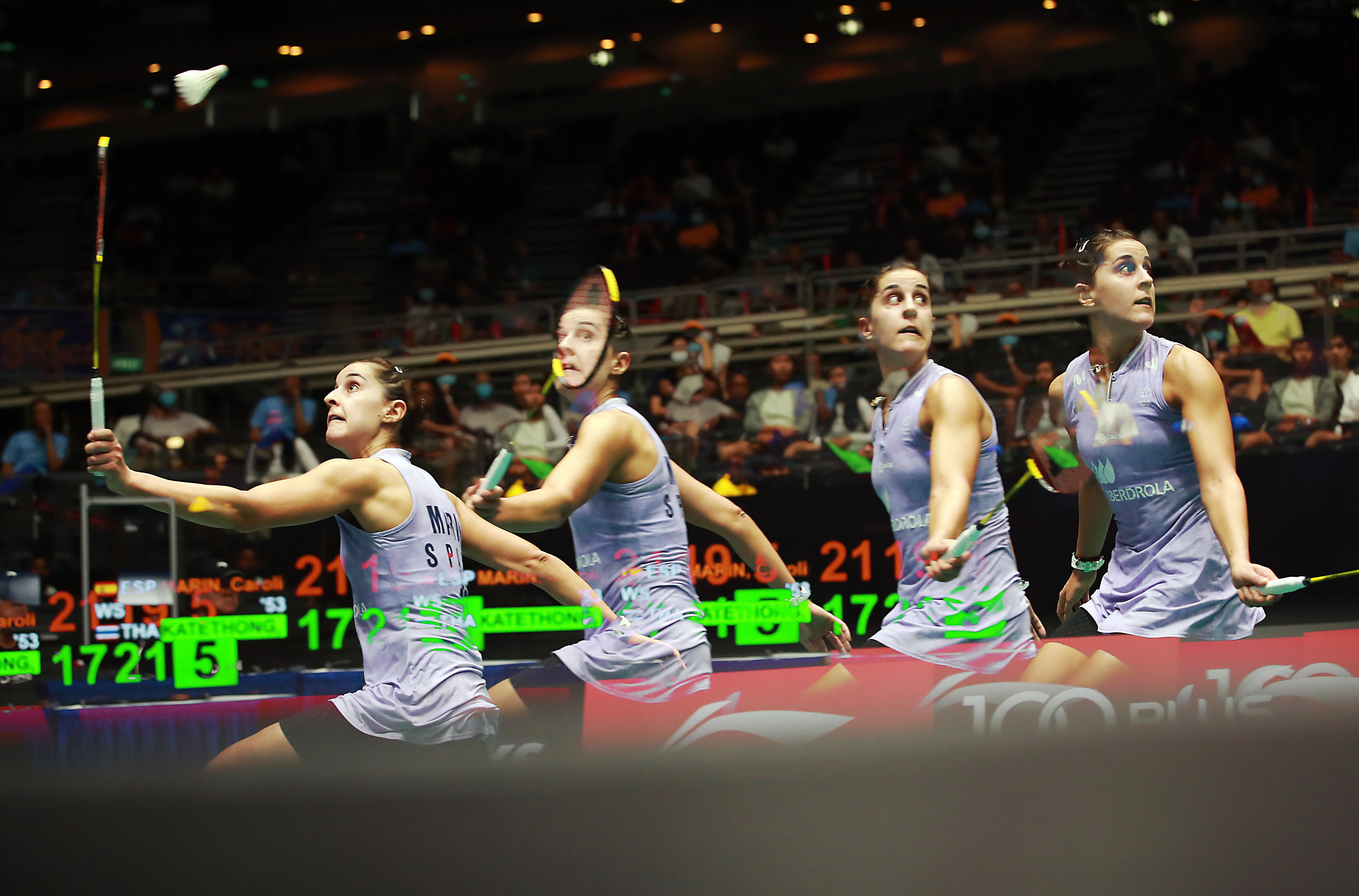 A multiple exposure of Carolina Marin in action during her women’s singles second round match at the Singapore Badminton Open