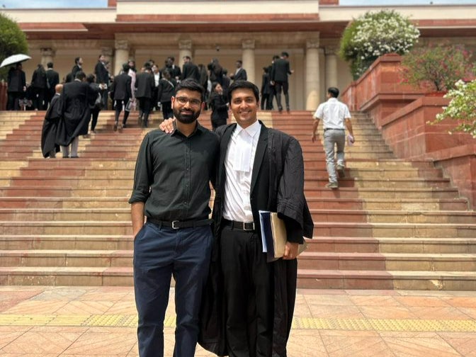 Ananya Kotia (left) and Utkarsh Saxena outside the Supreme Court of India, New Delhi, on 26 April 2023