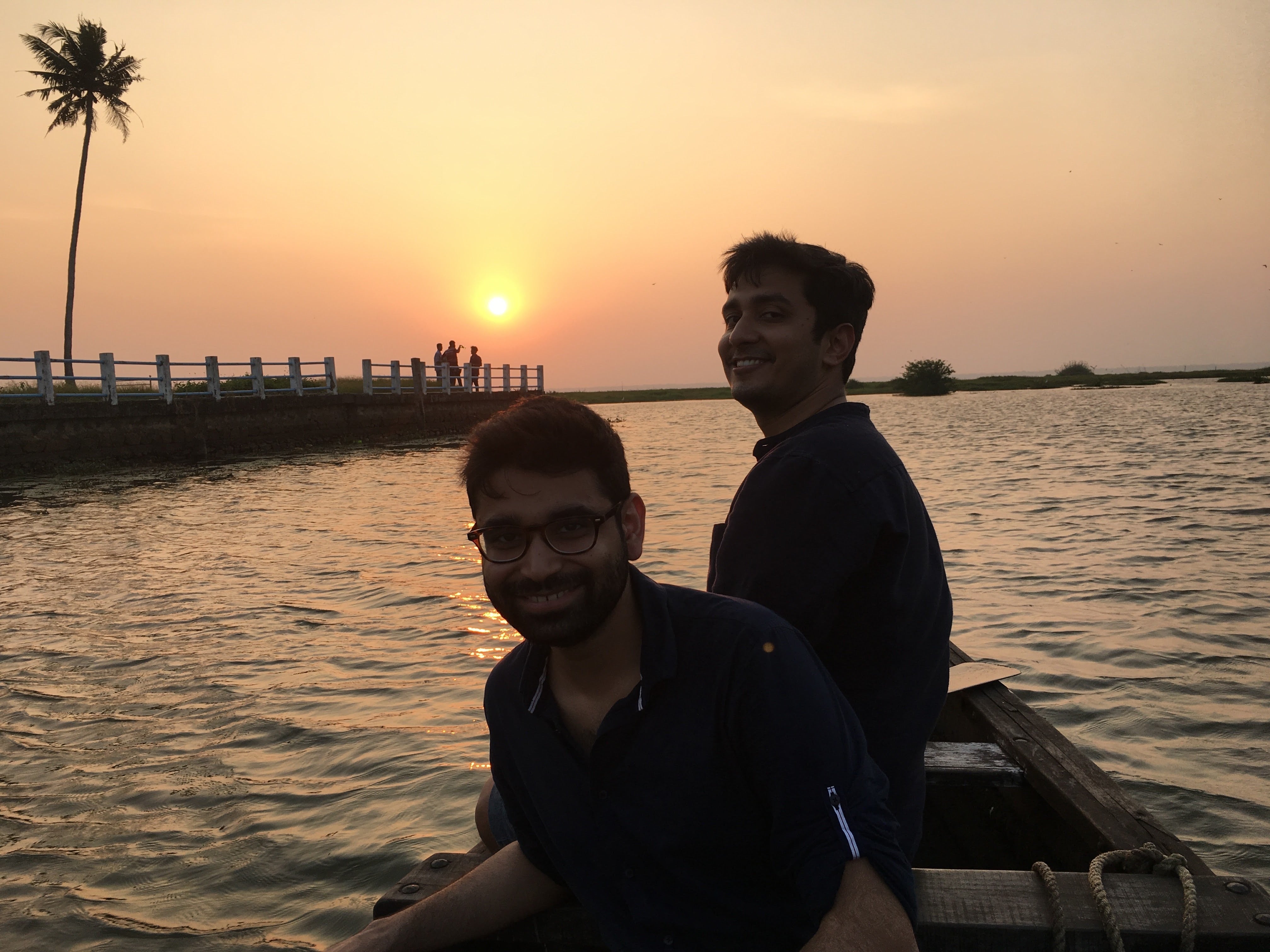 Kotia and Saxena canoeing on the backwaters of Kottayam, Kerala, in February 2017