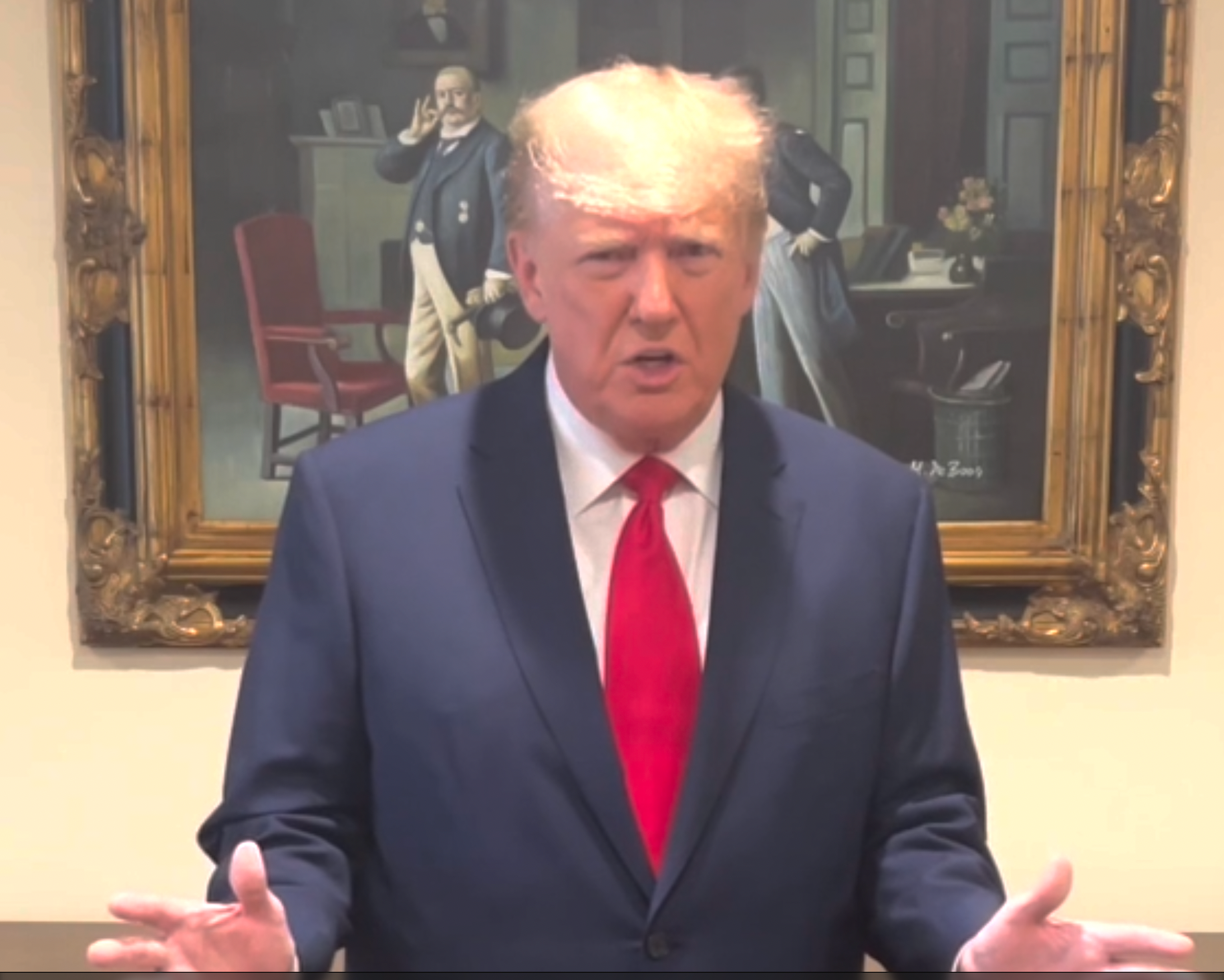 Donald Trump released a pre-taped video statement, while standing in front of a painting of Theodore Roosevelt, minutes after breaking news of his own indictment.