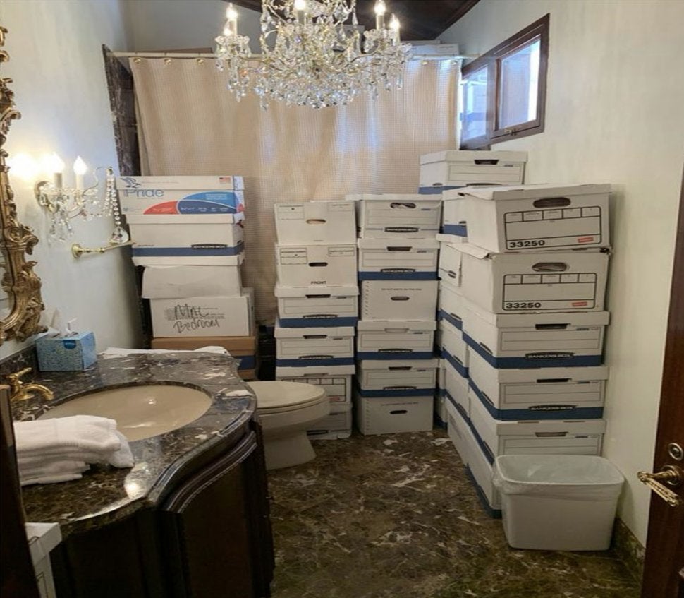 Photo of document boxes in Former President Donald Trump’s Mar-a-Lago residence released by US Justice Department as part of the indictment