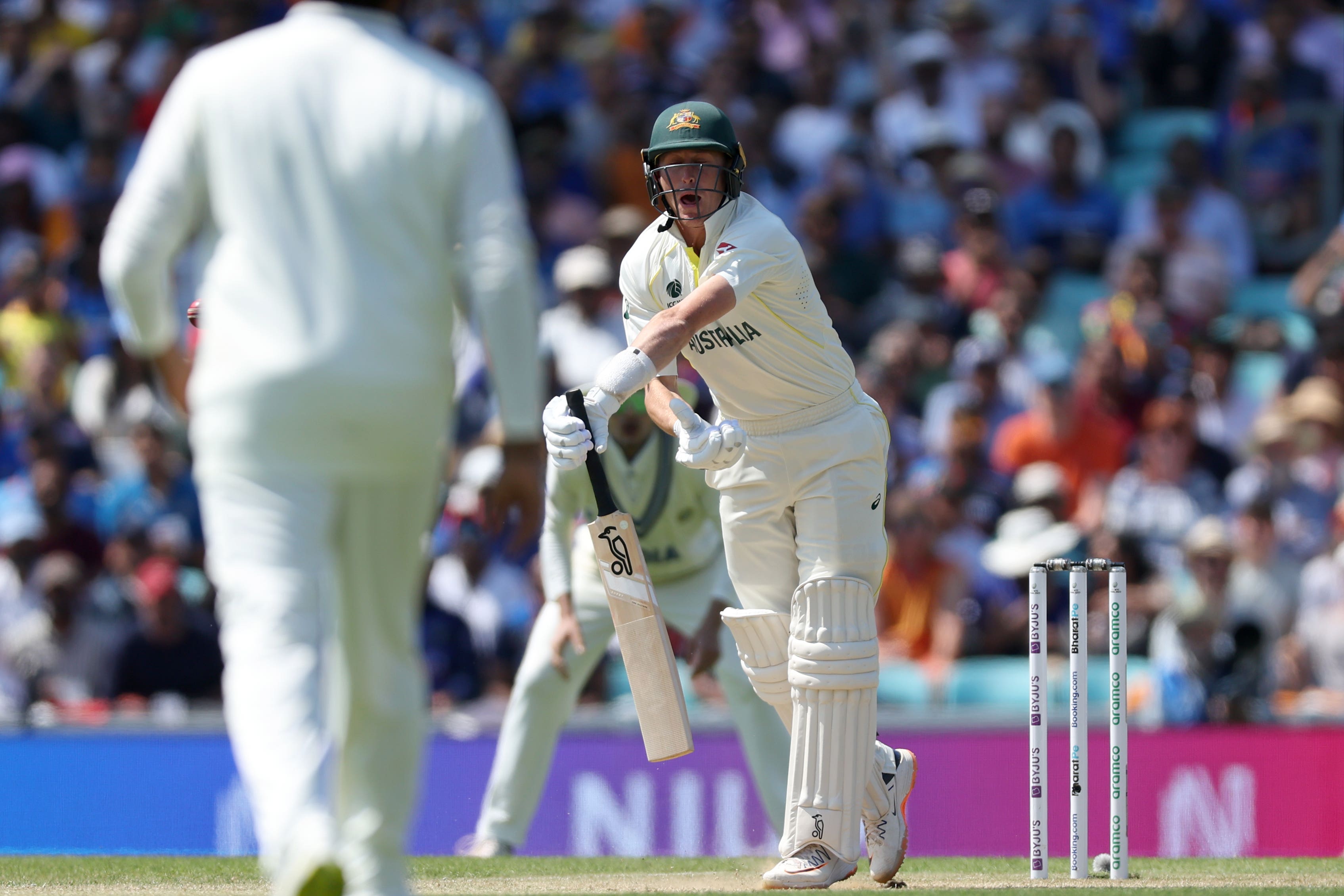 Australia’s Marnus Labuschagne reacts after being his by the ball on the arm during day three of the ICC World Test Championship Final match at (Steven Paston/PA)