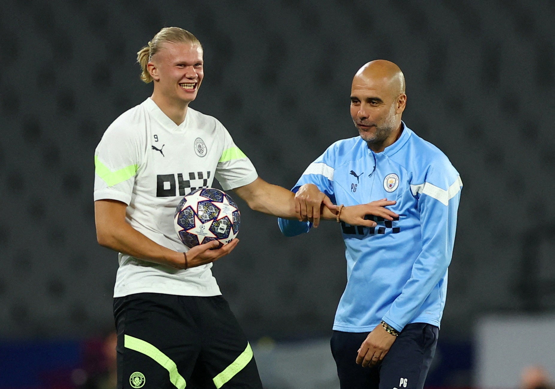 Pep Guardiola and Erling Haaland before the Champions League final