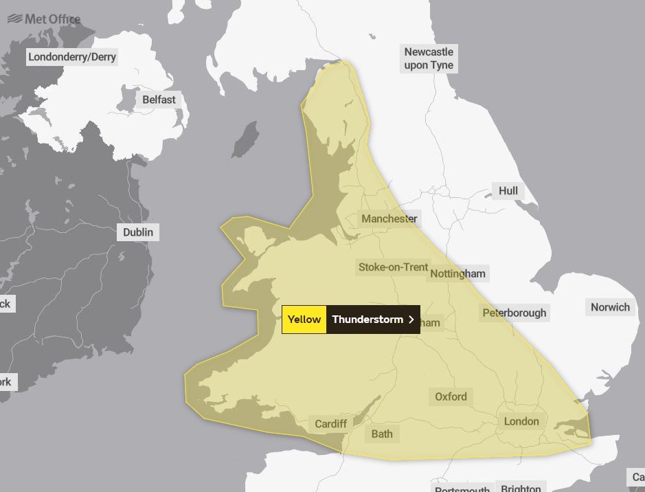 A warning is in place for much of England on Saturday