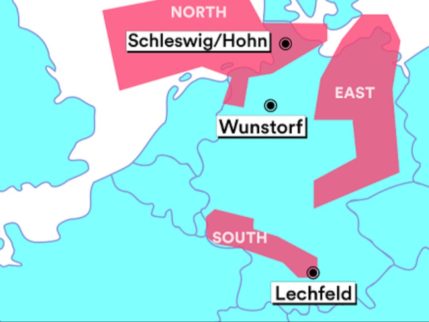 Red alert: the “clusters” of closed airspace due to Air Defender 23 with the key military airfields marked