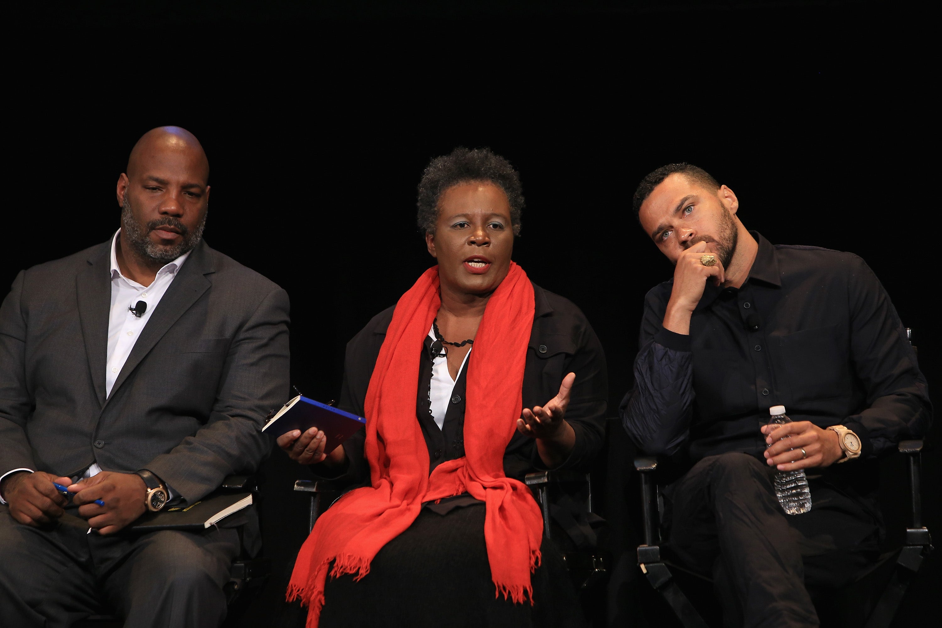 (L-R) Writer William Jelani Cobb, poet Claudia Rankine and actor Jesse Williams speak onstage at the New Yorker Festival 2015 - The Fire This Time at SIR Stage 37 on October 4, 2015