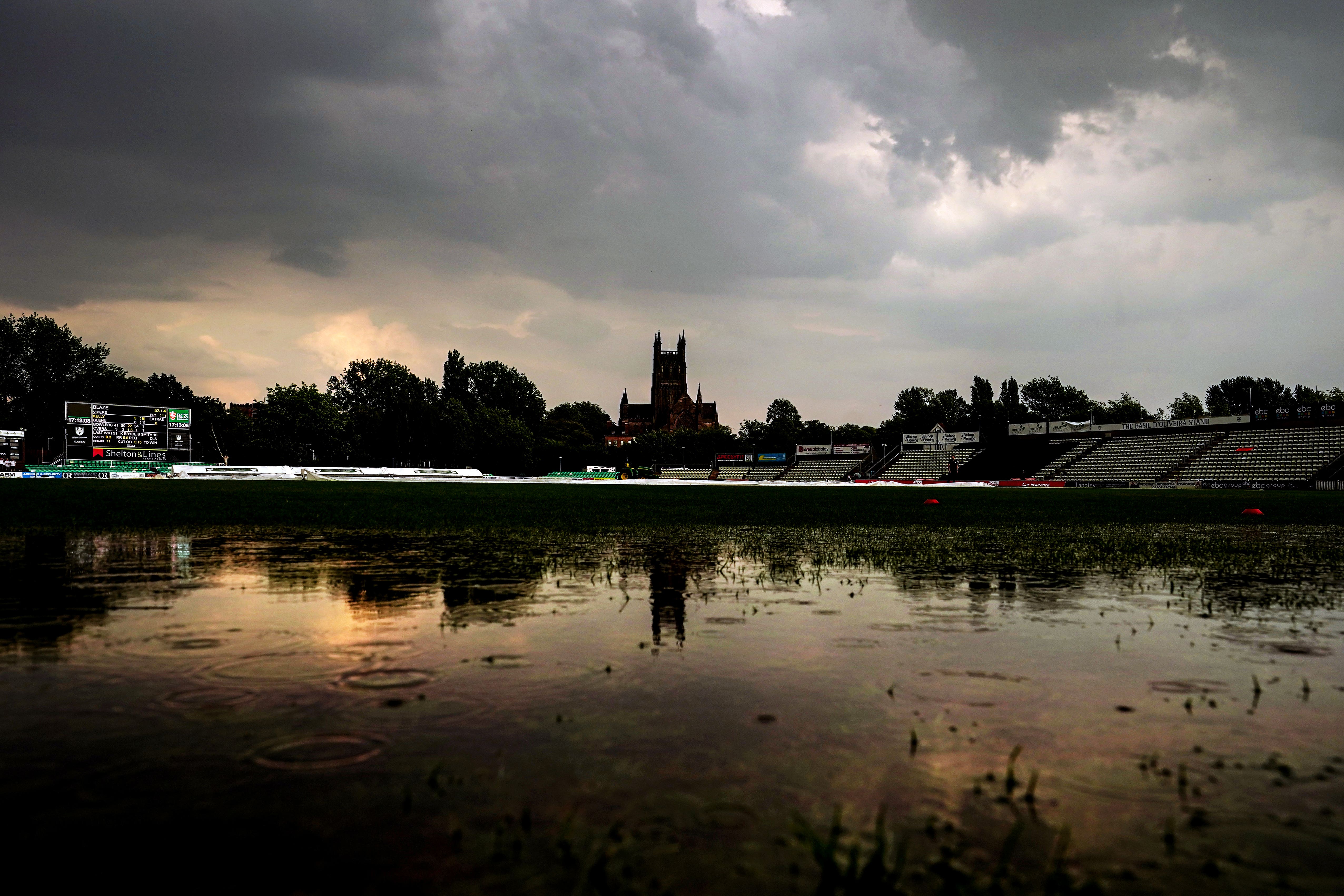 A flooded outfield, following a thunderstorm, during the Charlotte Edwards Cup final match at New Road, Worcester, June 10