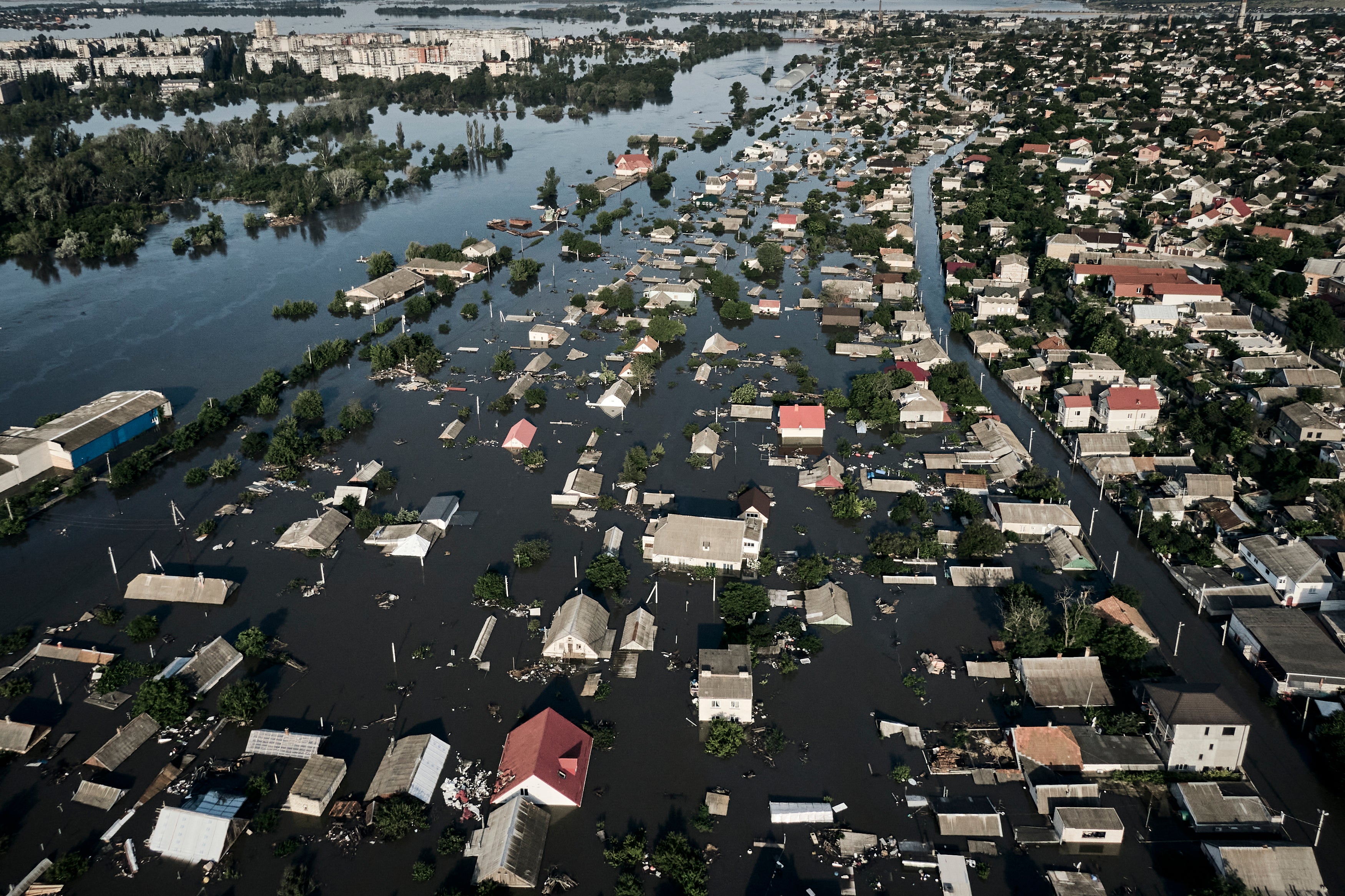 Streets under water in Kherson, Ukraine, last Wednesday after the walls of the Kakhovka dam collapsed