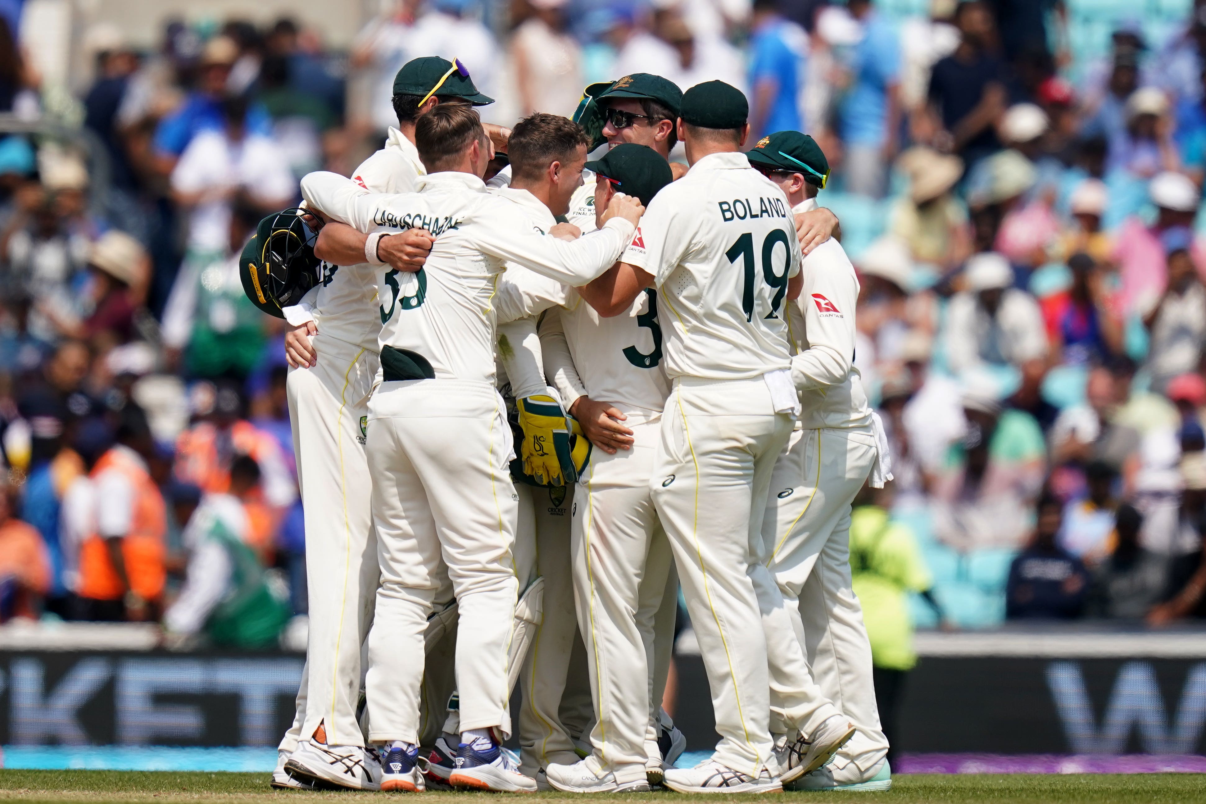 Australia celebrate victory over India at the Oval (Adam Davy/PA).