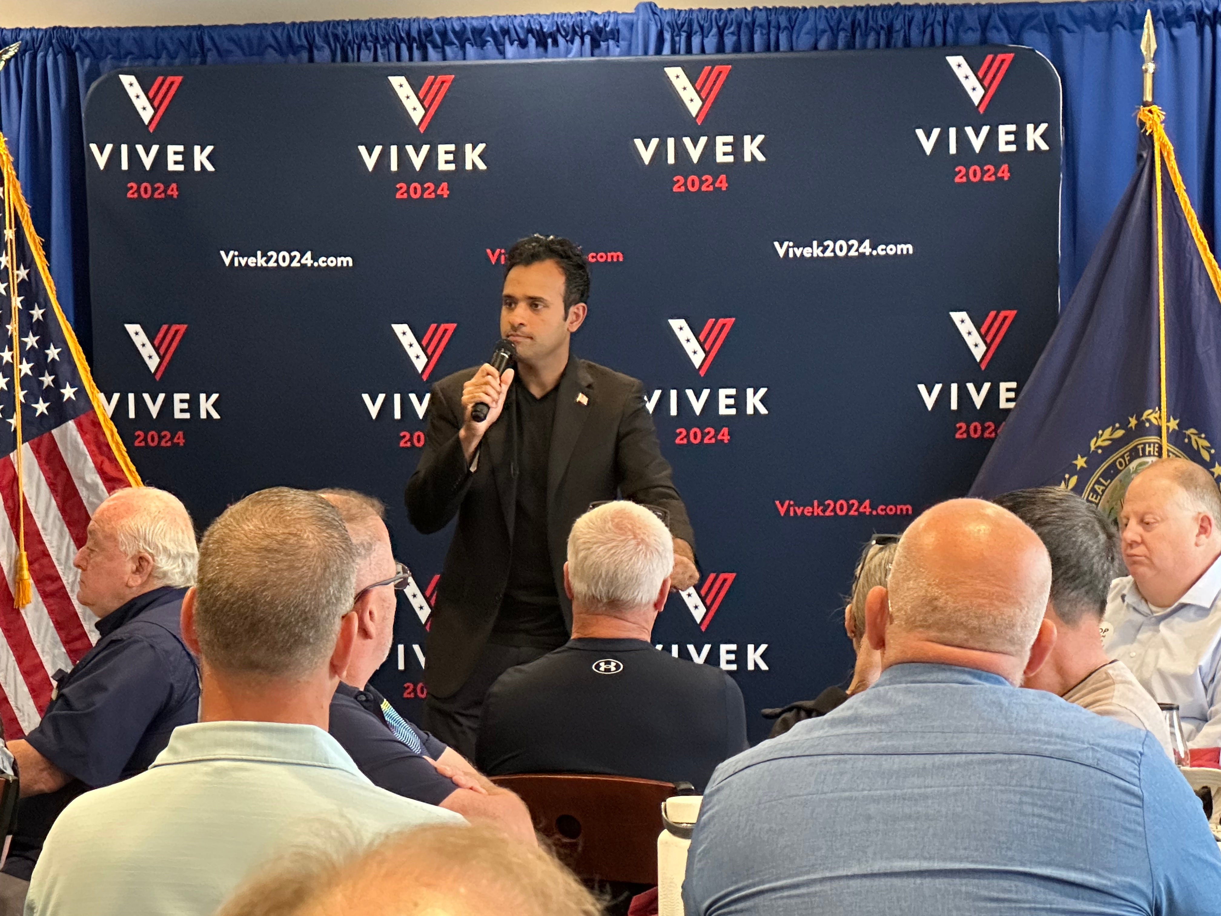 GOP presidential candidate Vivek Ramaswamy speaks to Granite State Republicans at a Concord, New Hampshire diner on 2 June 2023