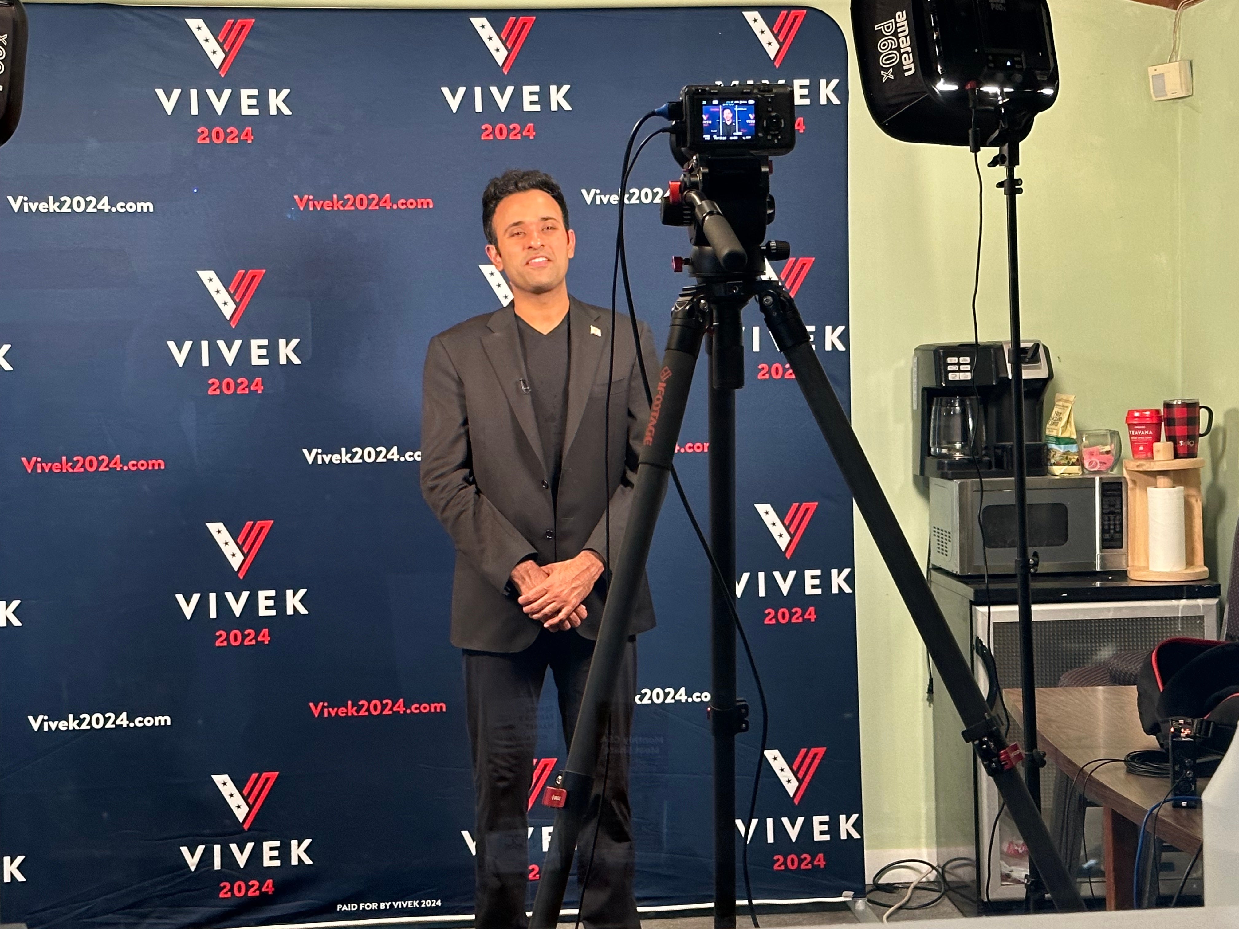 GOP presidential candidate Vivek Ramaswamy stands in a makeshift television studio for an appearance on right-wing television network Real America’s Voice on 2 June 2023