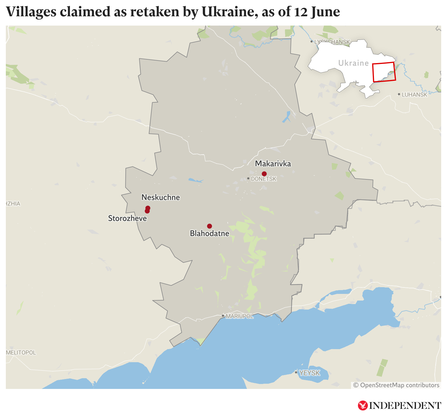 The four villages in Donetsk captured by Ukrainian troops, over Sunday and Monday