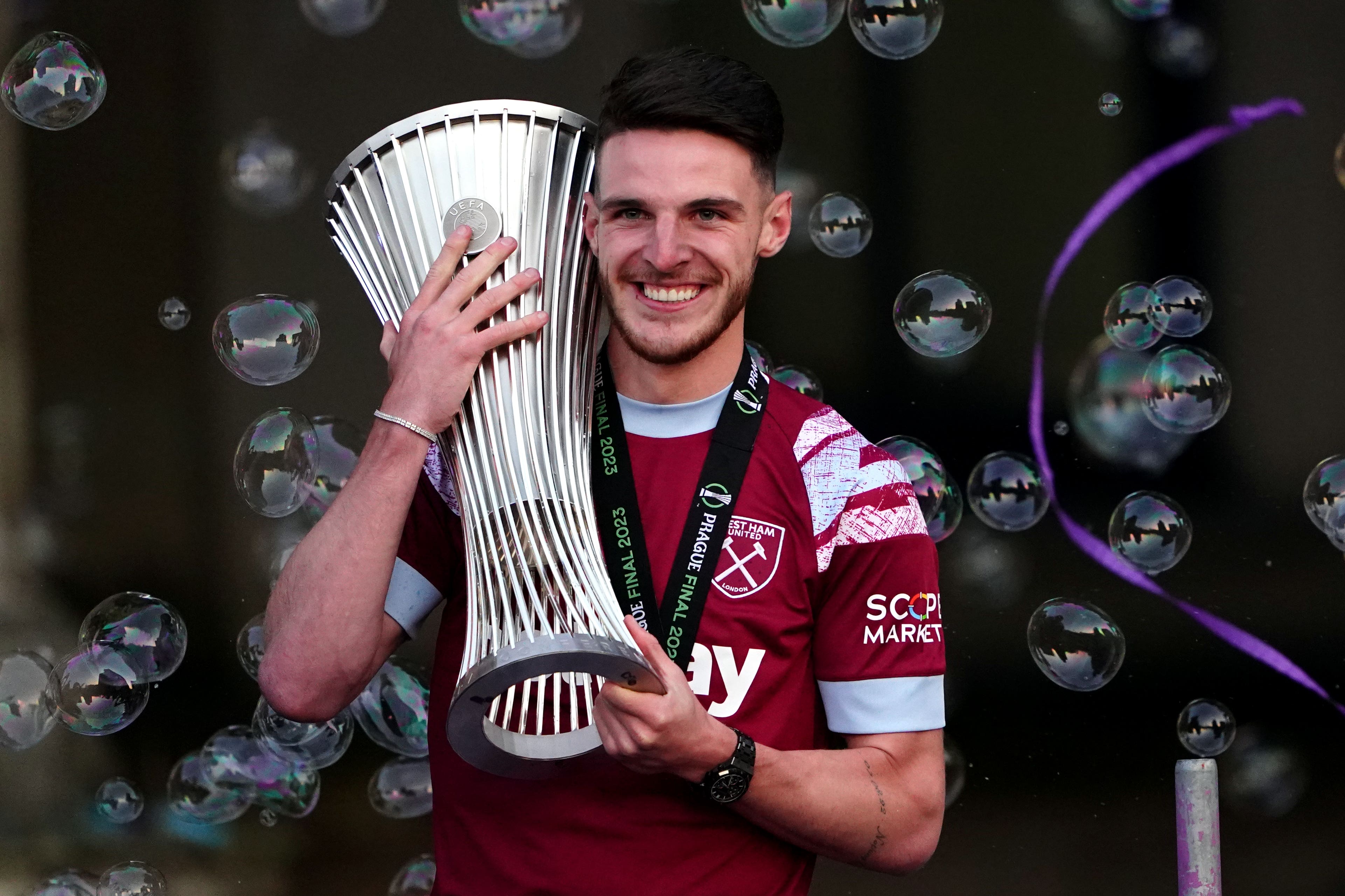 West Ham captain Declan Rice celebrates his side’s Europa Conference League win (Zac Goodwin/PA)