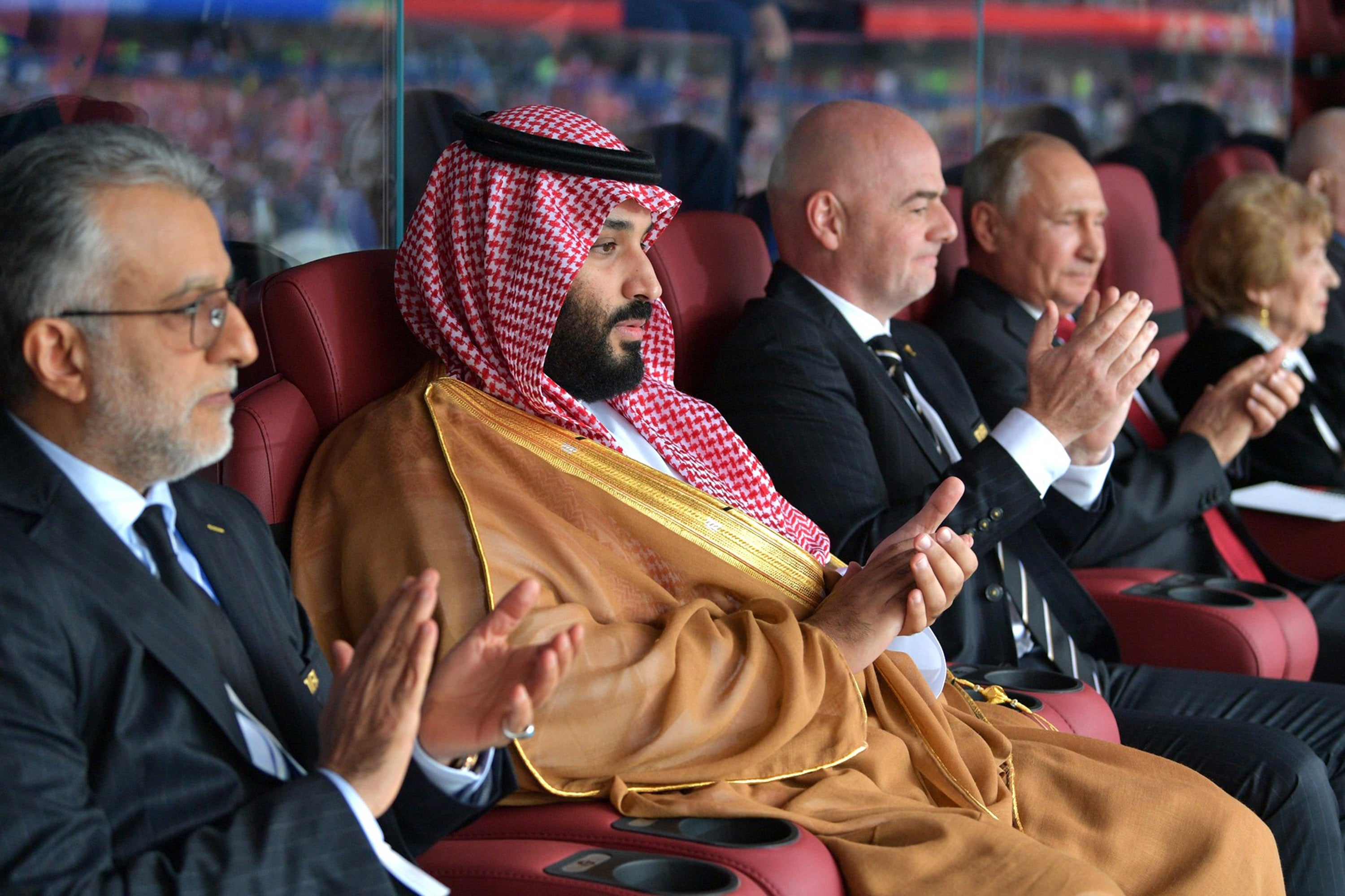 Saudi Arabia’s Crown Prince Mohammed Bin Salman Al Saud with Fifa President Gianni Infantino, and Russia’s President Vladimir Putin at a 2018 World Cup match