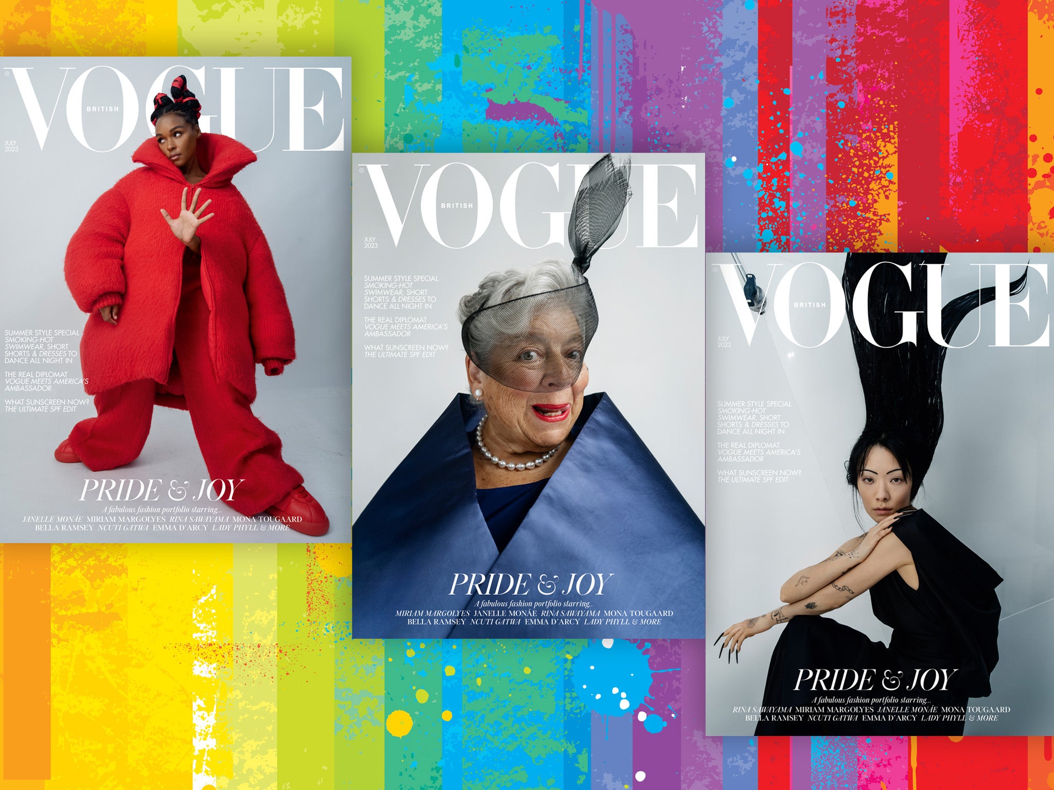 Throughout Pride month, British Vogue will represent different LGBT+ stories, including Janelle Monae, British-Australian actor Miriam Margoyles, and Rina Sawayama. The covers are being revealed exclusively in The Independent, the official news partner of Pride in London. See the full feature in the July issue of British Vogue, available via digital download and on newsstands from Tuesday 20 June