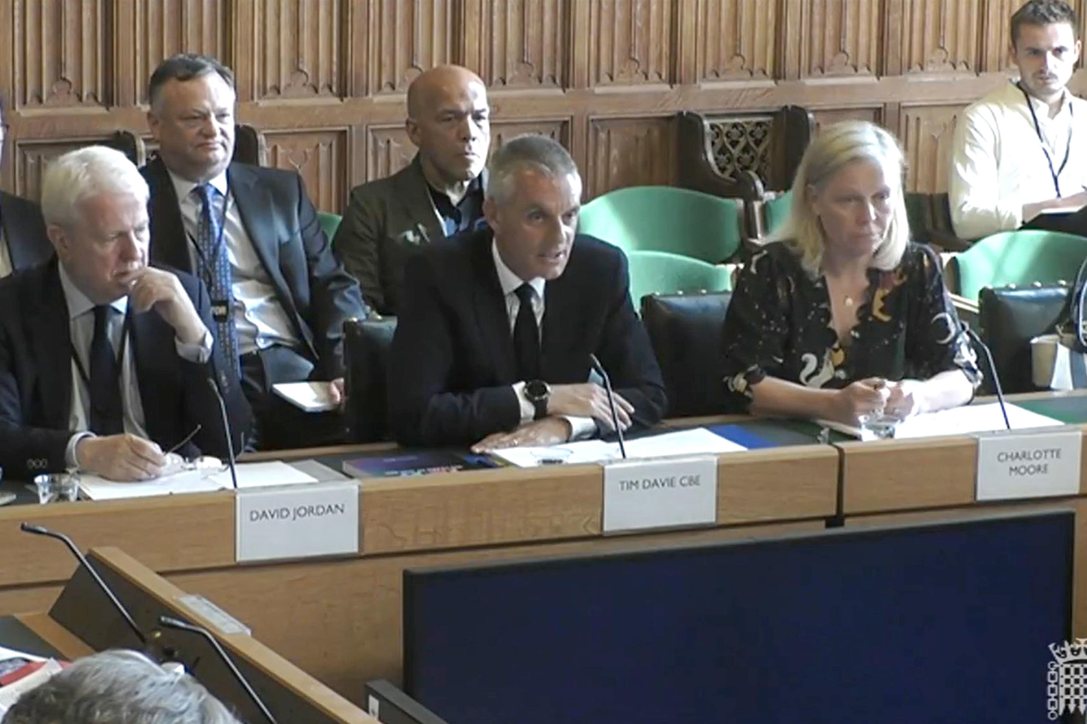 David Jordan, director of editorial policy at the BBC, Tim Davie, director general of the BBC and Charlotte Moore, chief content officer at the BBC, appearing before the Culture, Media and Sport Committee at the House of Commons, London on the subject of work within the corporation.(House of Commons/UK Parliament/PA)