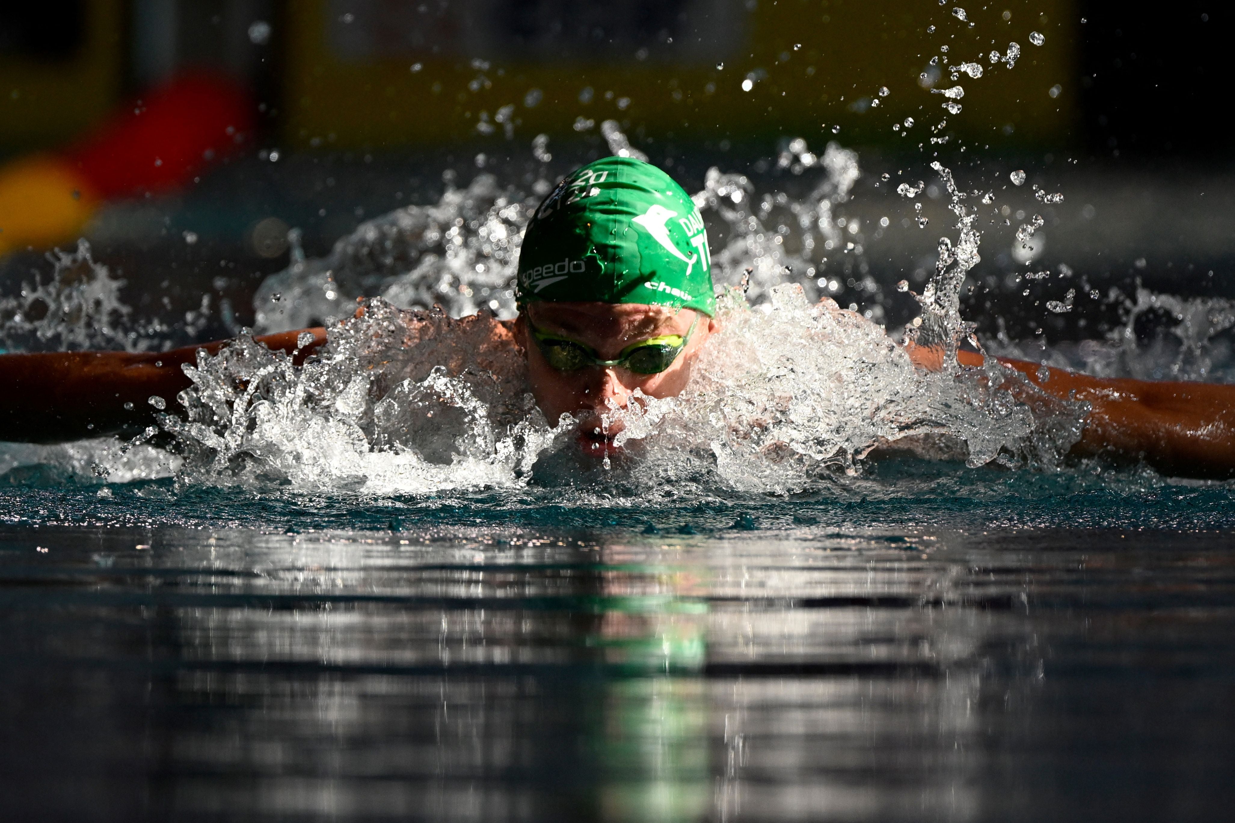 Leon Marchand competes in the men's 200m butterfly series during the French swimming championships in Rennes, western France