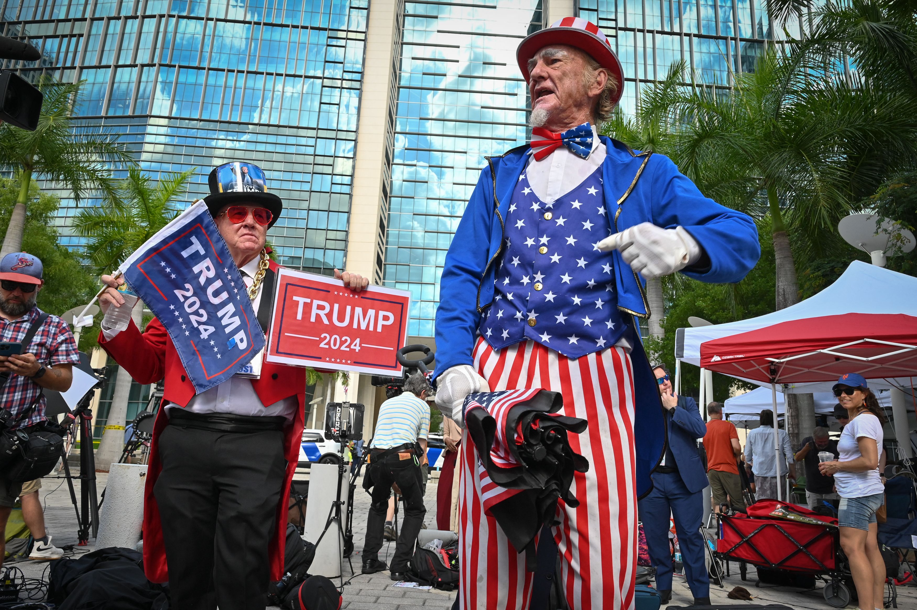 Trump supporters show their support in front of the Wilkie D. Ferguson Jr. United States Courthouse before Donald Trump’s arraignment on 13 June