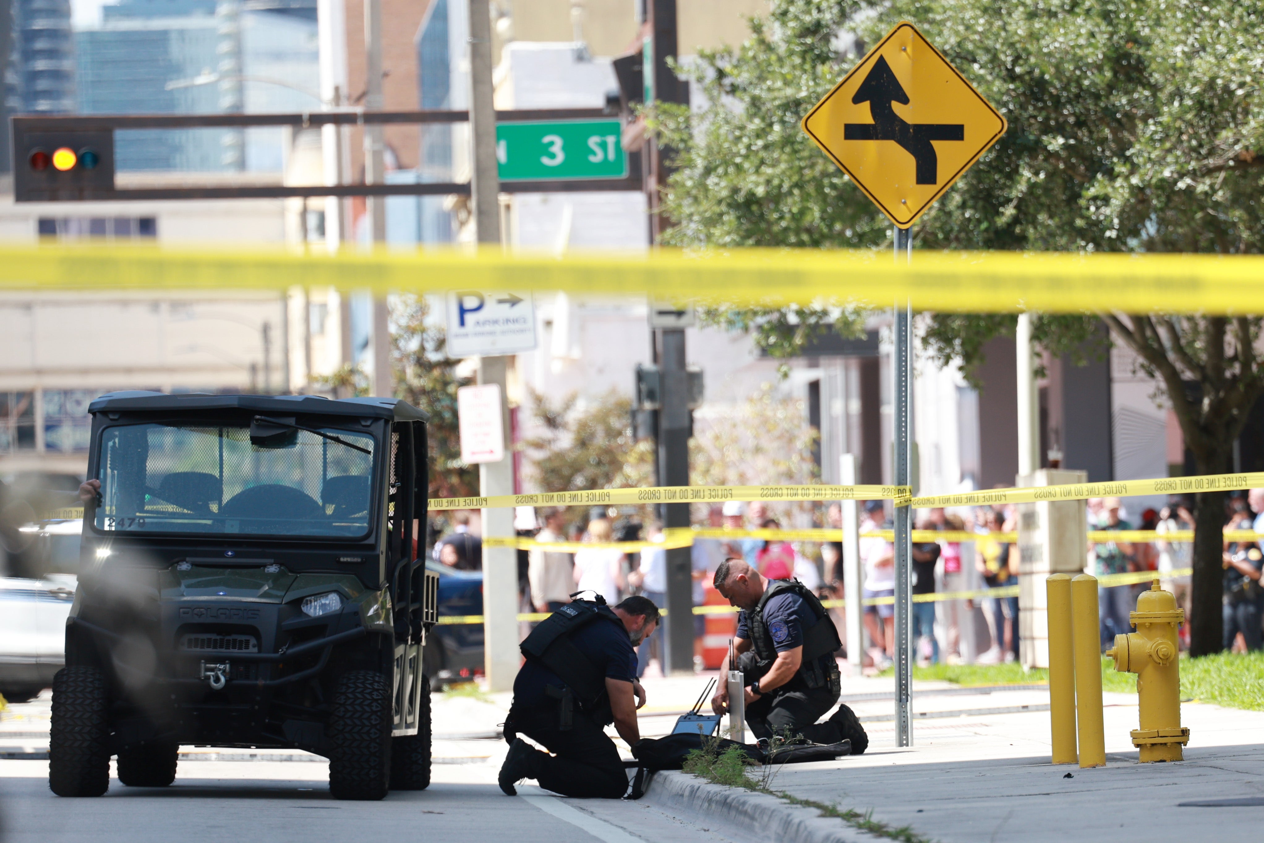 Miami Police investigate a suspicious item near the media area outside the Wilkie D. Ferguson Jr. United States Federal Courthouse where former President Donald Trump is scheduled to be arraigned later in the day on June 13, 2023 in Miami, Florida