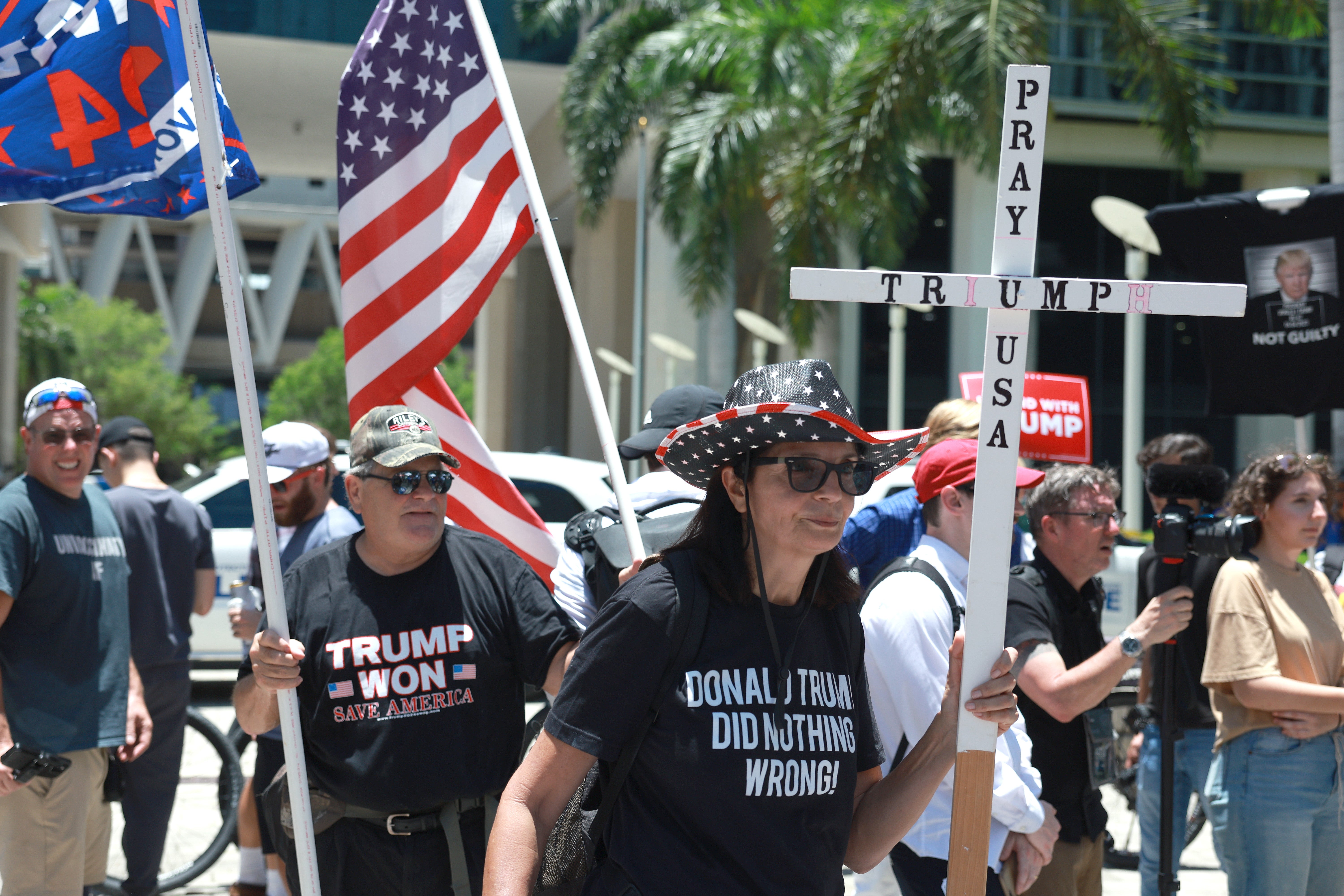 Donald Trump’s supporters gathered outside federal court on 13 June as the former president was booked on 37 charges stemming from an investigation in to his possession of classified documents at Mar-a-Lago.