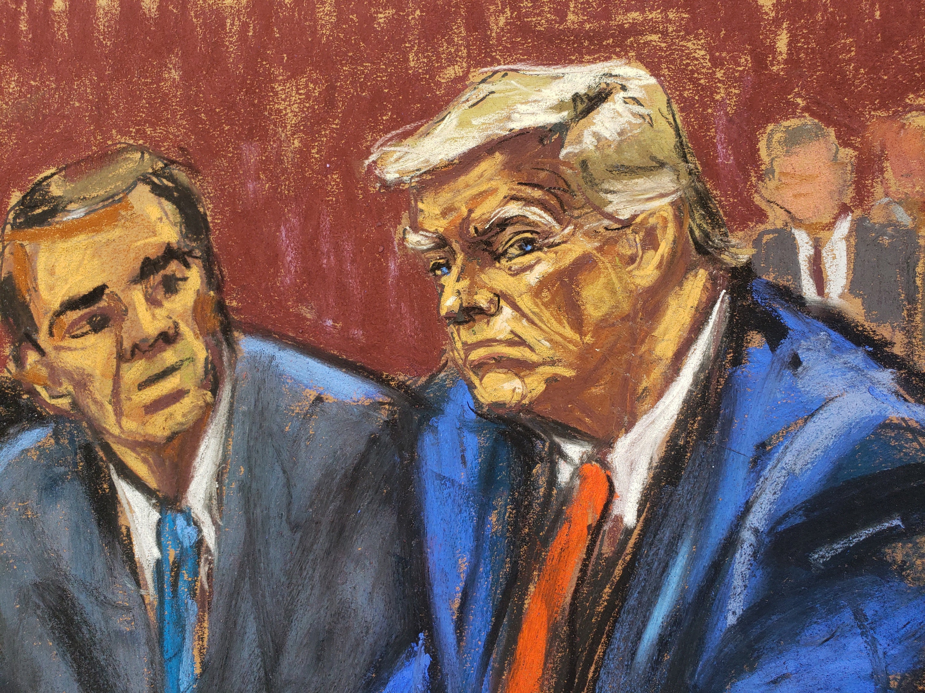 Former U.S. President Trump appears on classified document charges after a federal indictment at Wilkie D. Ferguson Jr. United States Courthouse, alongside his aide Walt Nauta and attorneys Chris Kise and Todd Blanche in Miami, Florida, U.S., June 13, 2023 in a courtroom sketch