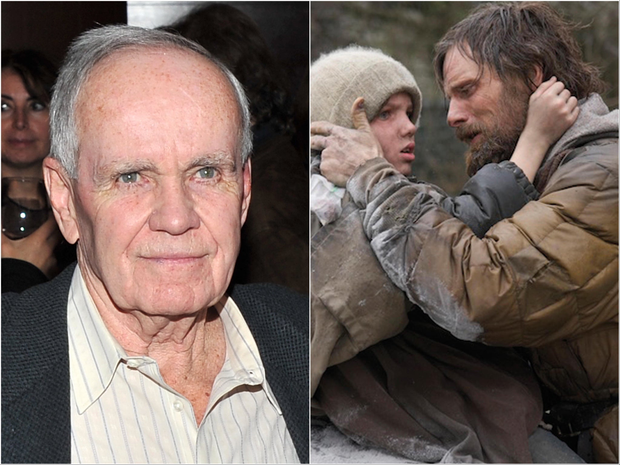 Cormac McCarthy (left) and Viggo Mortensen (far right) and Kodi Smit-McPhee in ‘The Road’