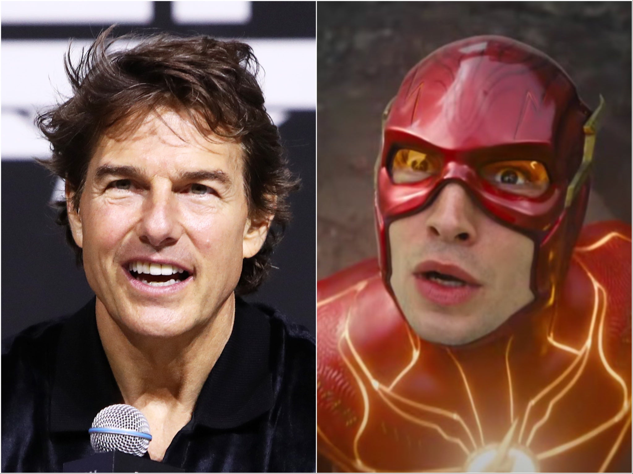 Tom Cruise (left) and Ezra Miller in The Flash