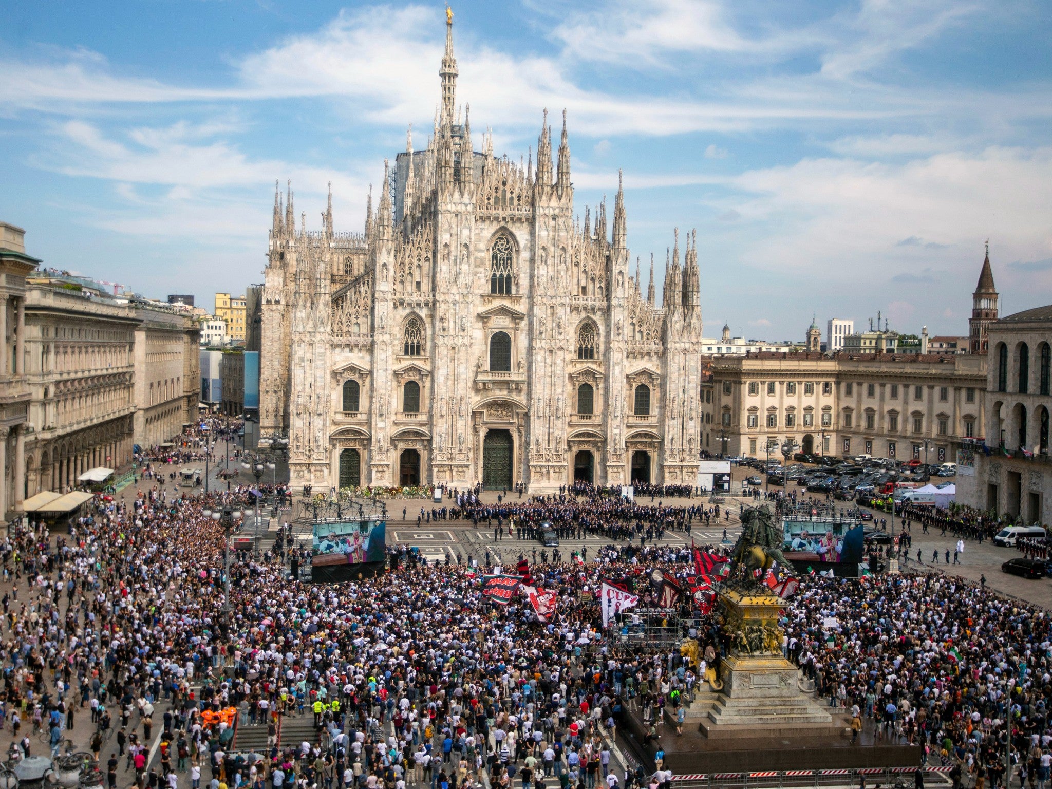 The casket of former Italian premier Silvio Berlusconi leaves Milan’s Duomo at the end of his state funeral on Wednesday