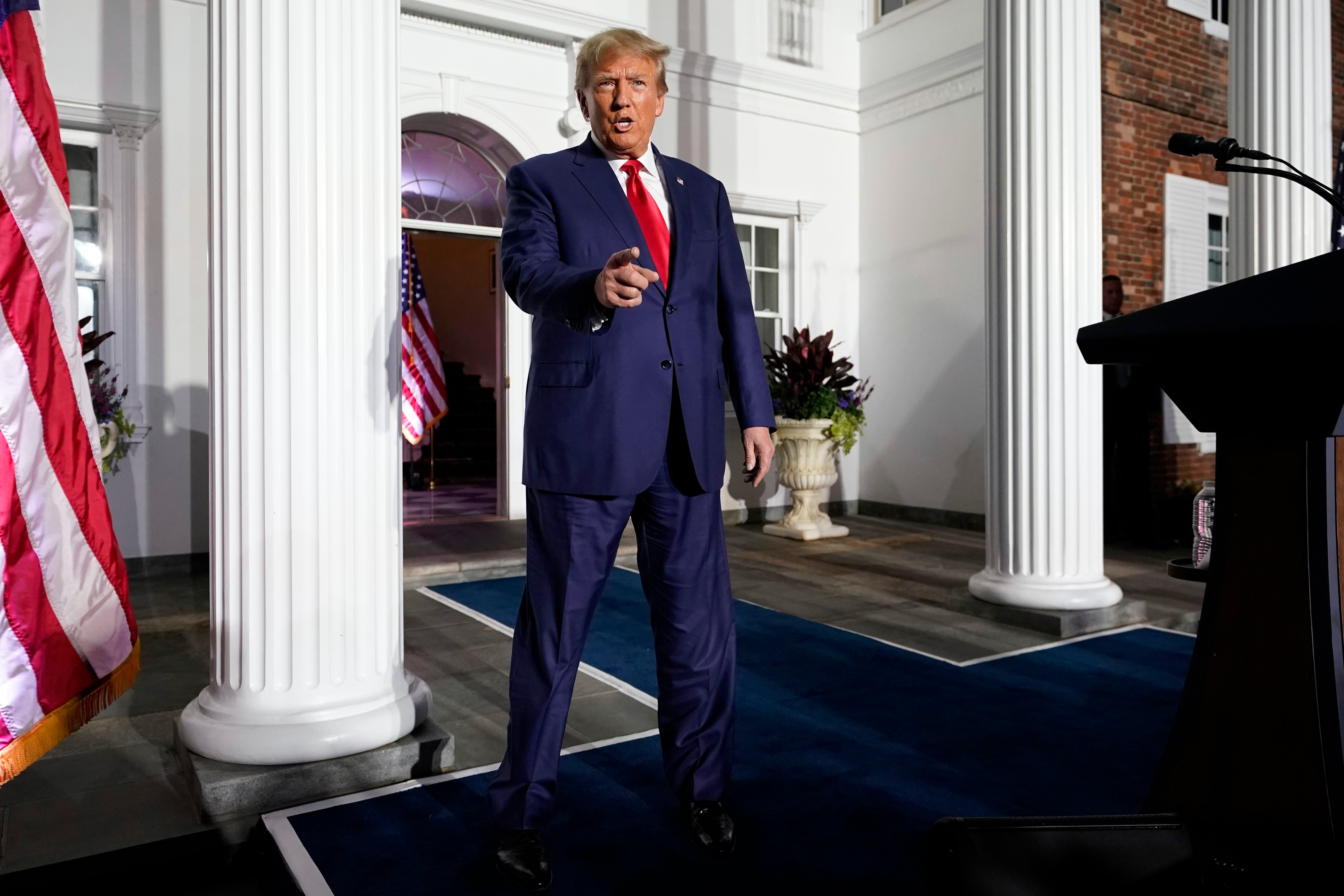 Former President Donald Trump arrives to speak at Trump National Golf Club in Bedminster on Tuesday