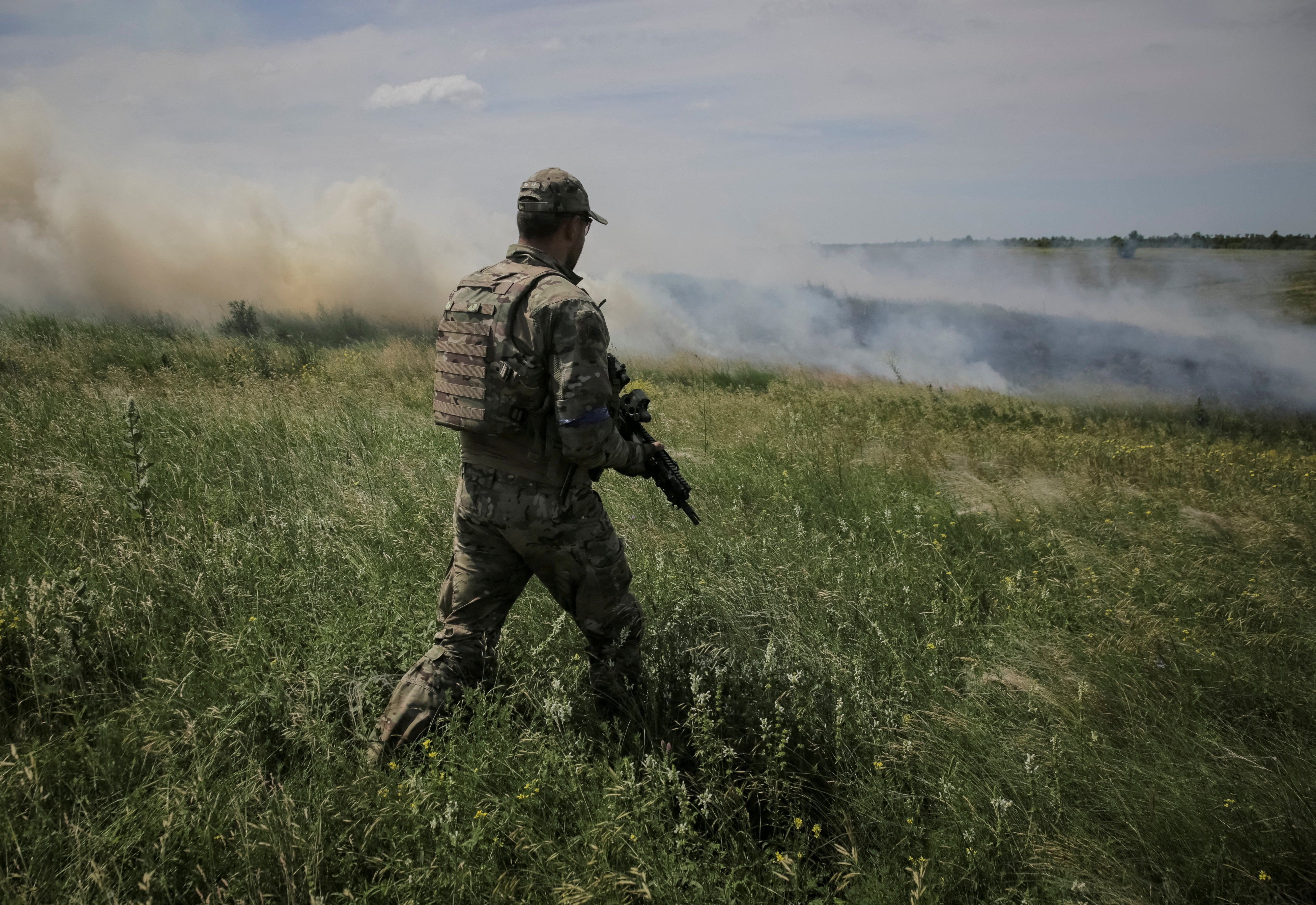 A Ukrainian soldier near the newly liberated village of Neskuchne in the Donetsk region