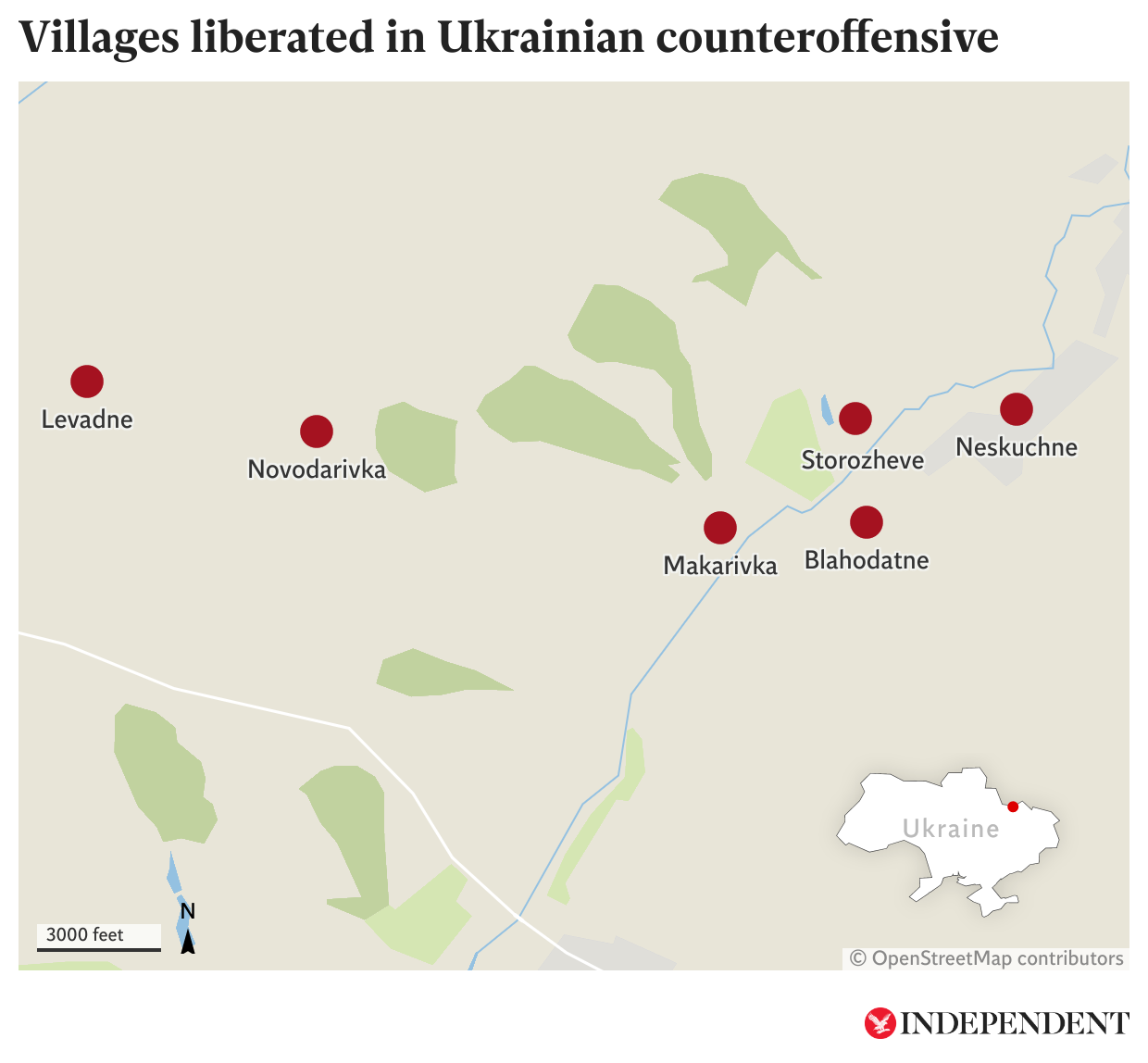 A map showing six of the seven villages liberated from Russian occupation by the Ukrainian military so far