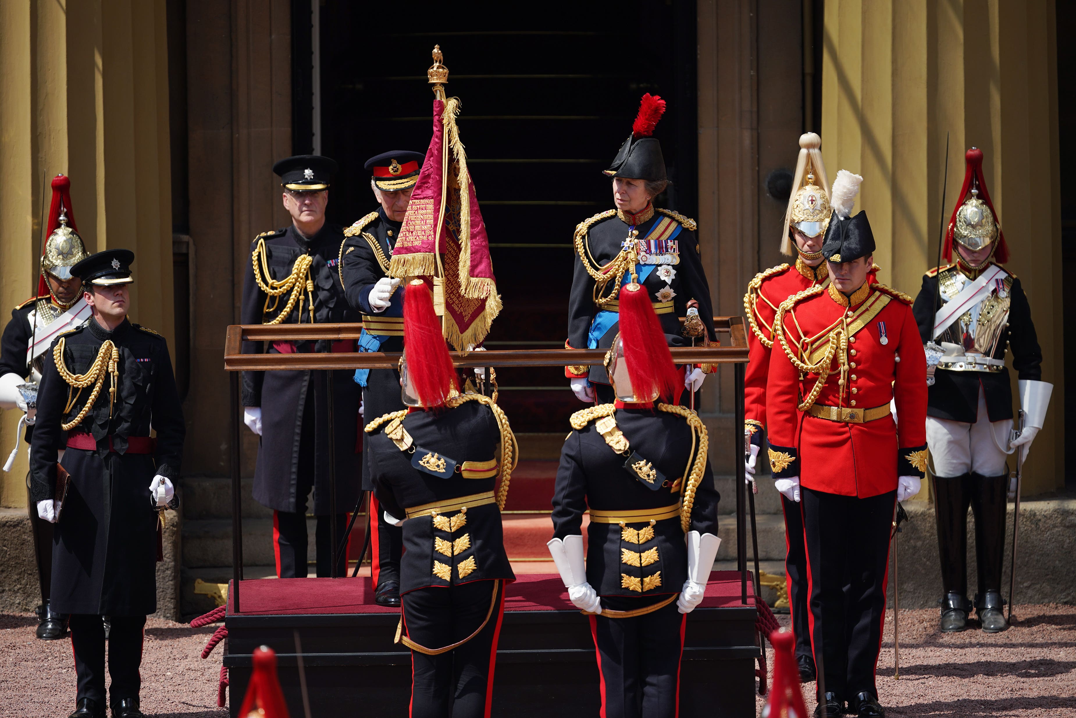 The King, accompanied by the Princess Royal, presents the new sovereign’s standard to The Blues and Royals (Yui Mok/PA)