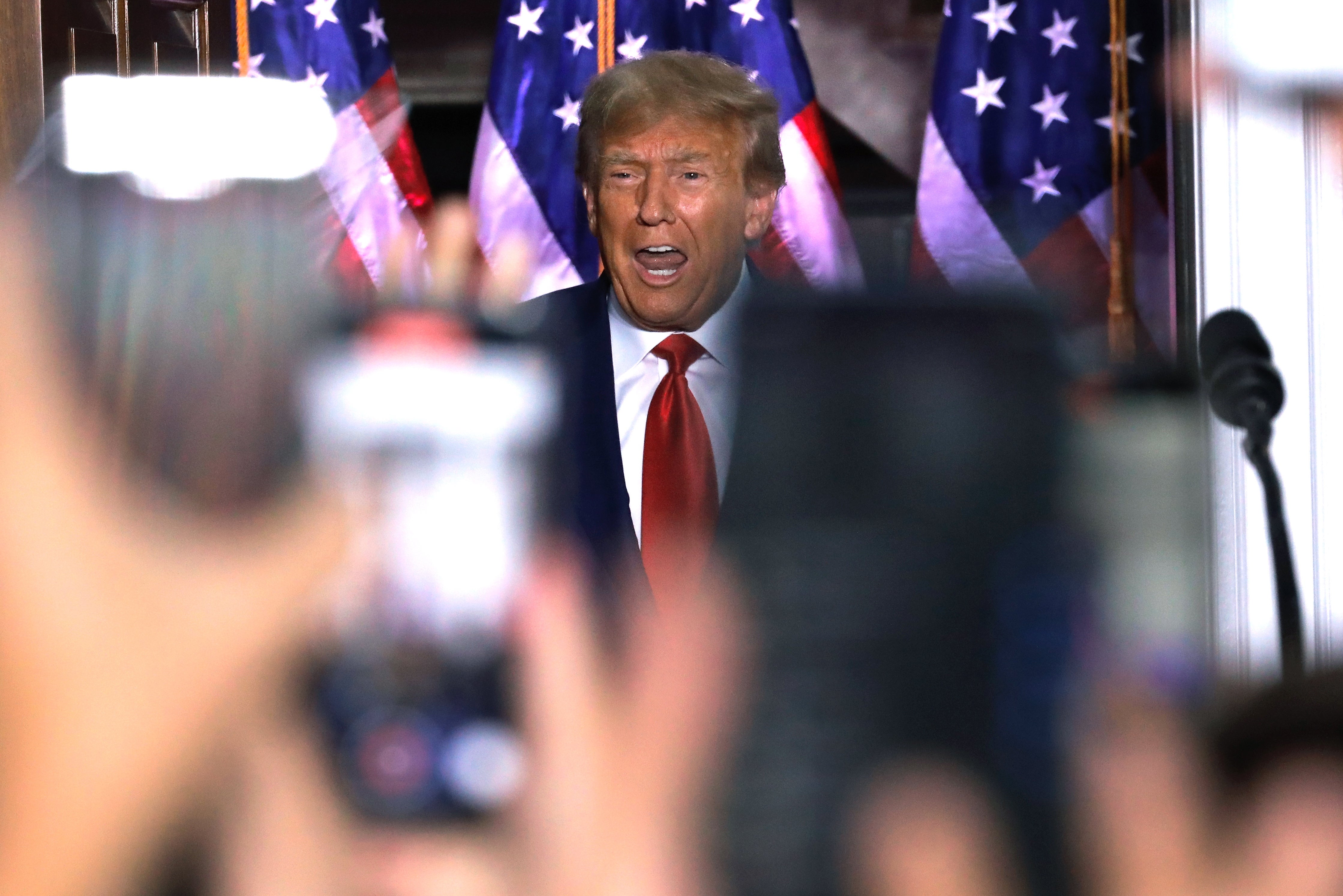 Former US president Donald Trump speaks at Trump National Golf Club,in Bedminster, New Jersey, on 13 June 2023