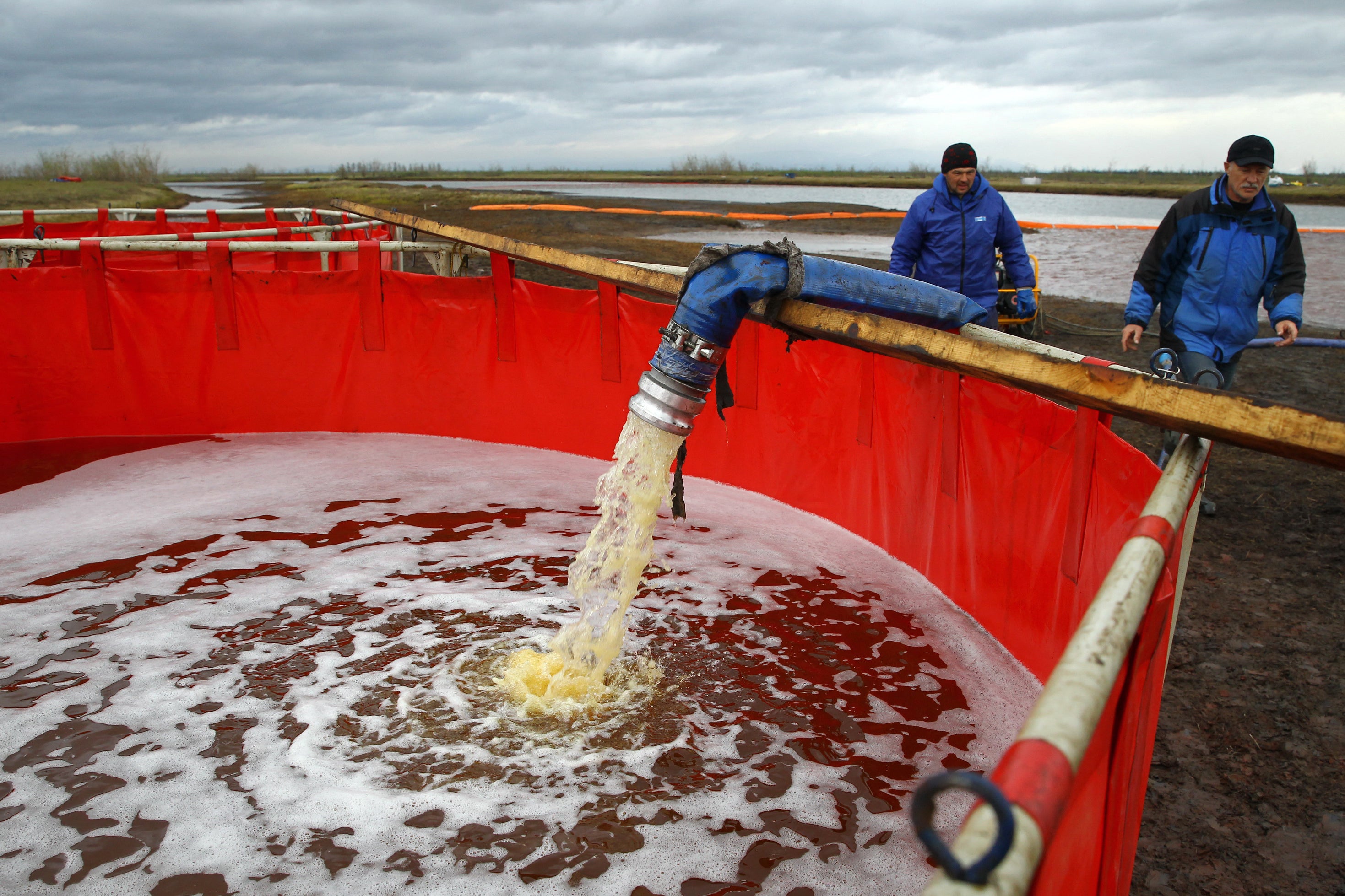 The clean-up operation at the Ambarnaya River outside Norilsk after the 2020 oil spill