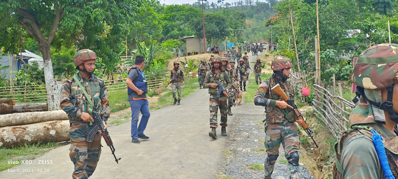 Indian army soldiers patrol during a security operation in hill and valley areas in the northeastern state of Manipur