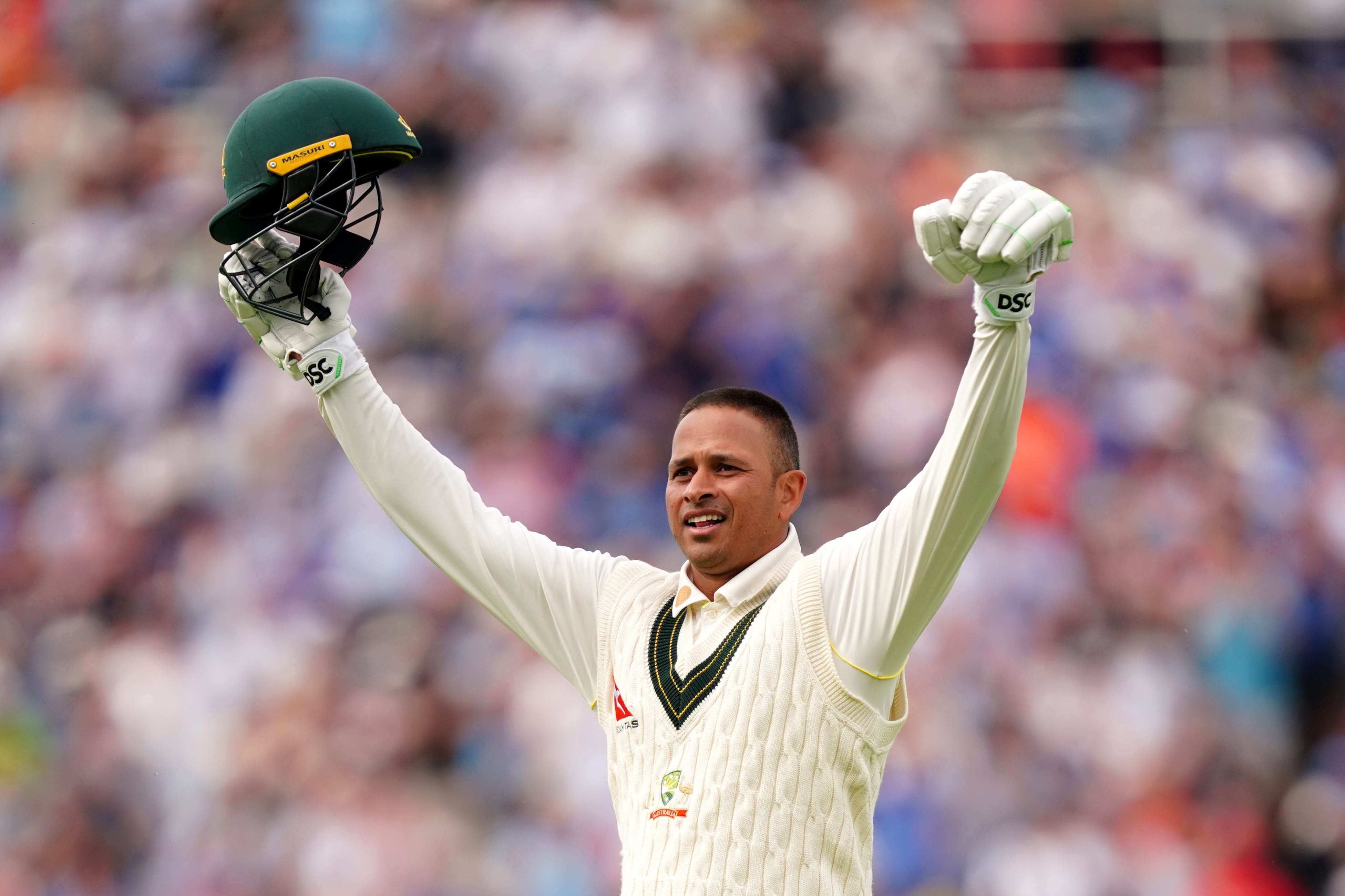 Australia’s Usman Khawaja celebrates scoring his first Test century in England (David Davies/PA)