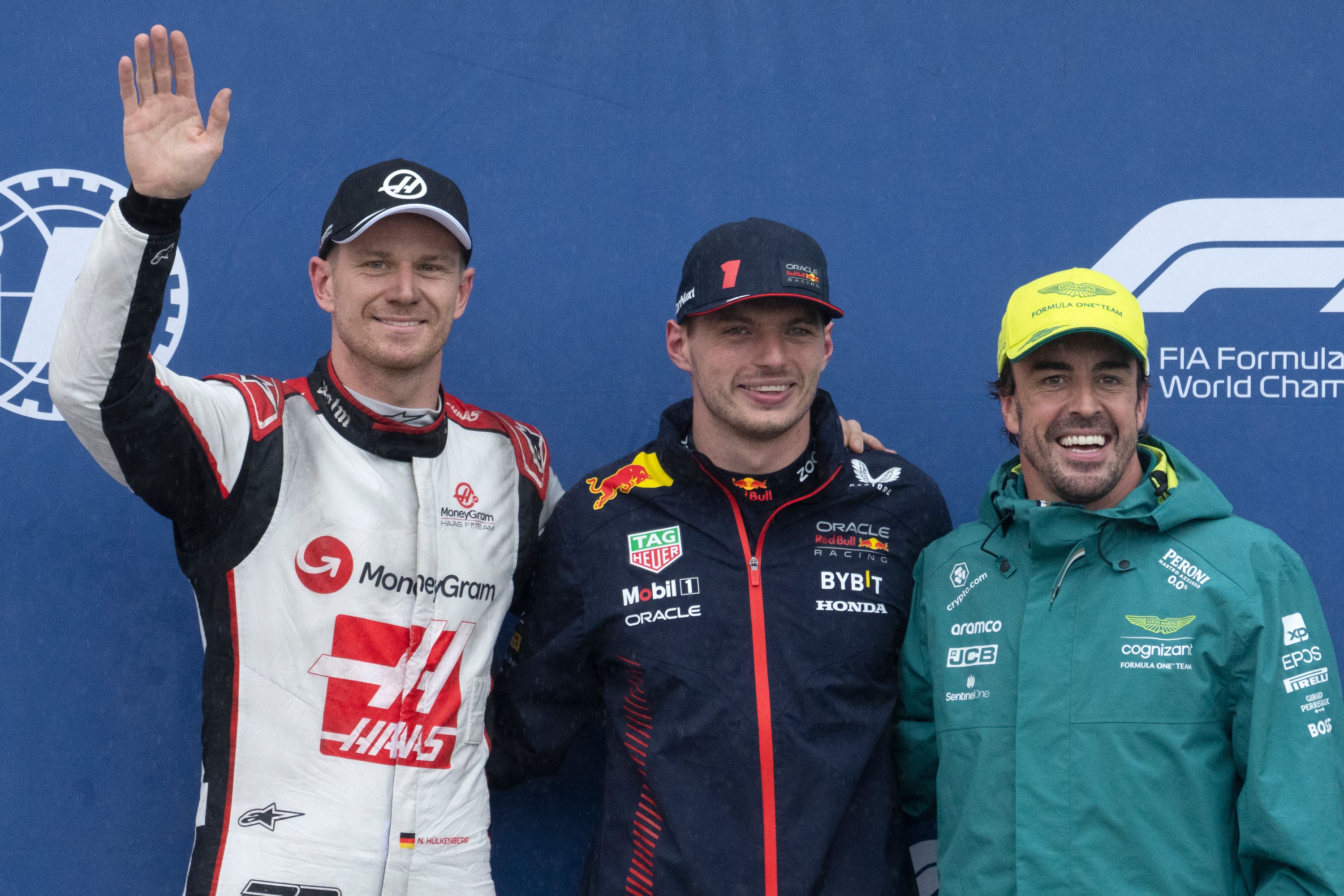 Max Verstappen (centre) claimed pole in Canada ahead of Nico Hulkenberg (left) and Fernando Alonso (Ryan Remiorz/The Canadian Press via AP)