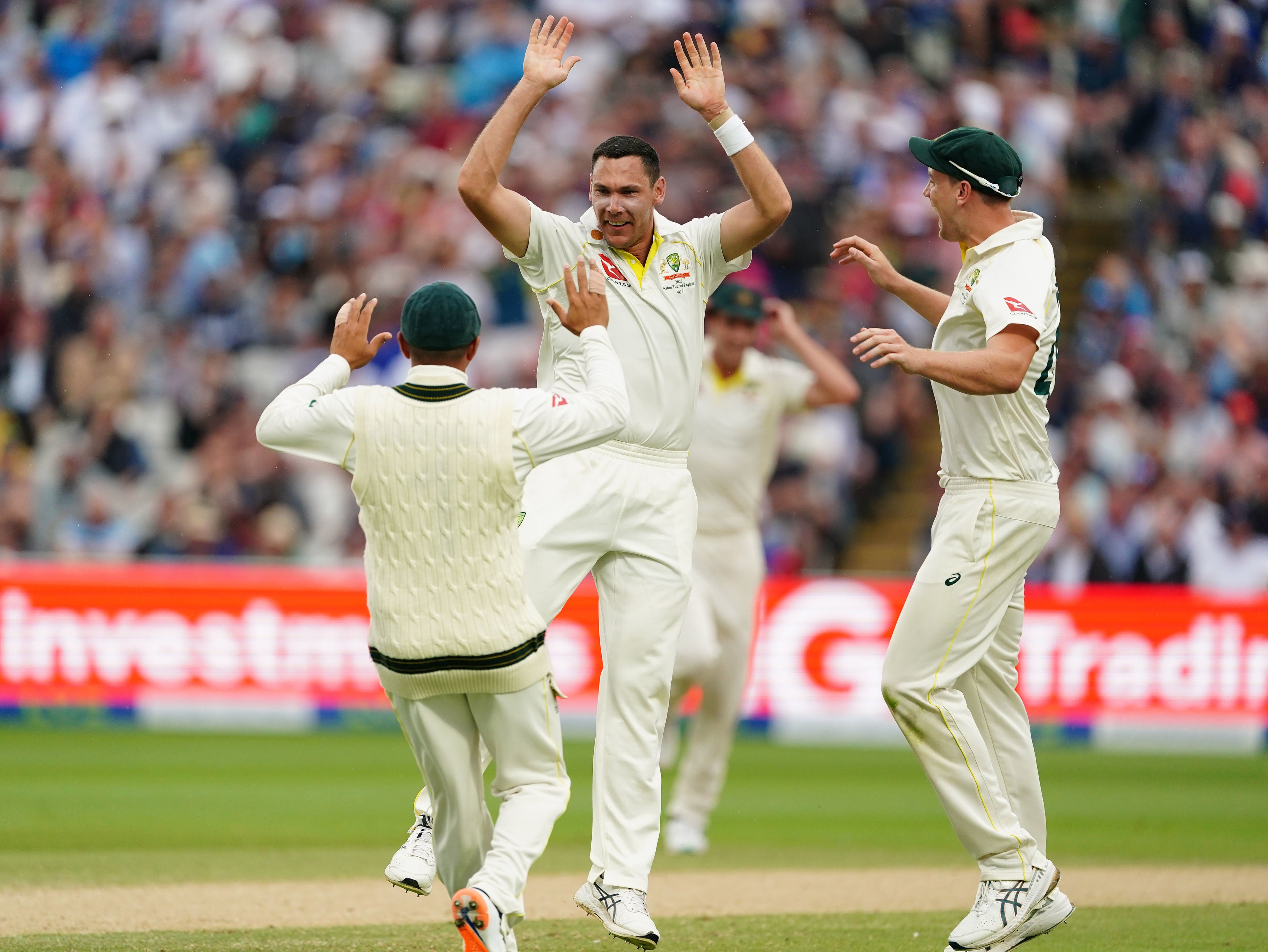 Scott Boland celebrates the wicket of Zak Crawley as England’s openers were both dismissed during rain breaks