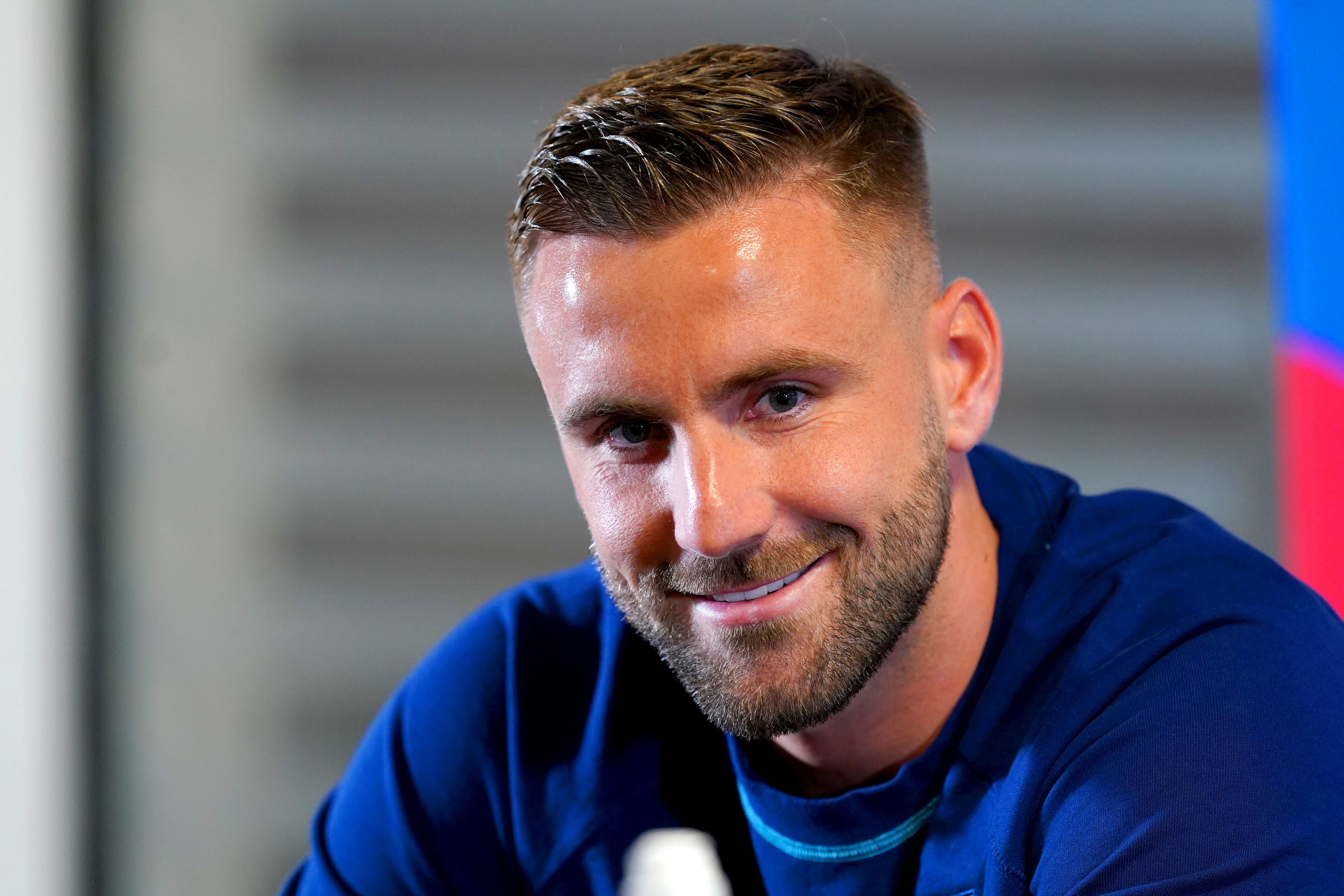 Luke Shaw talks to the media in Manchester