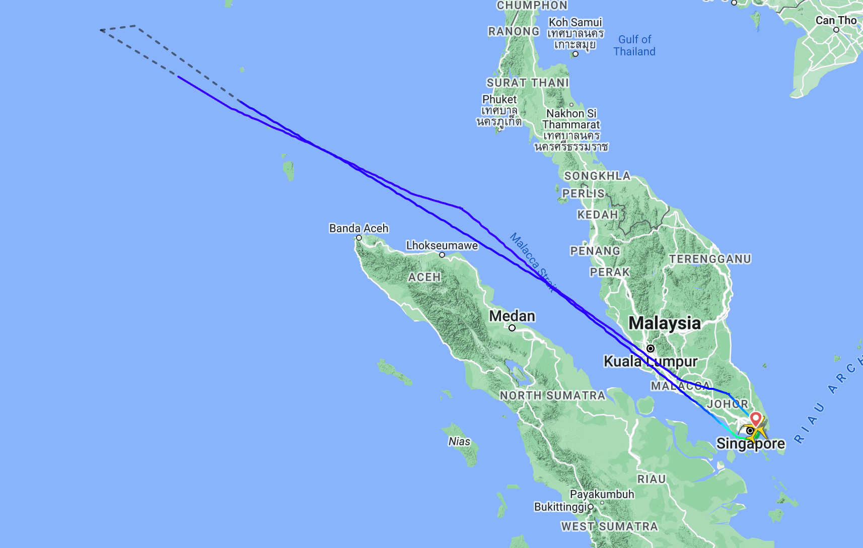 There and back: Flightpath of British Airways flight BA12 from Singapore, which turned back after severe turbulence